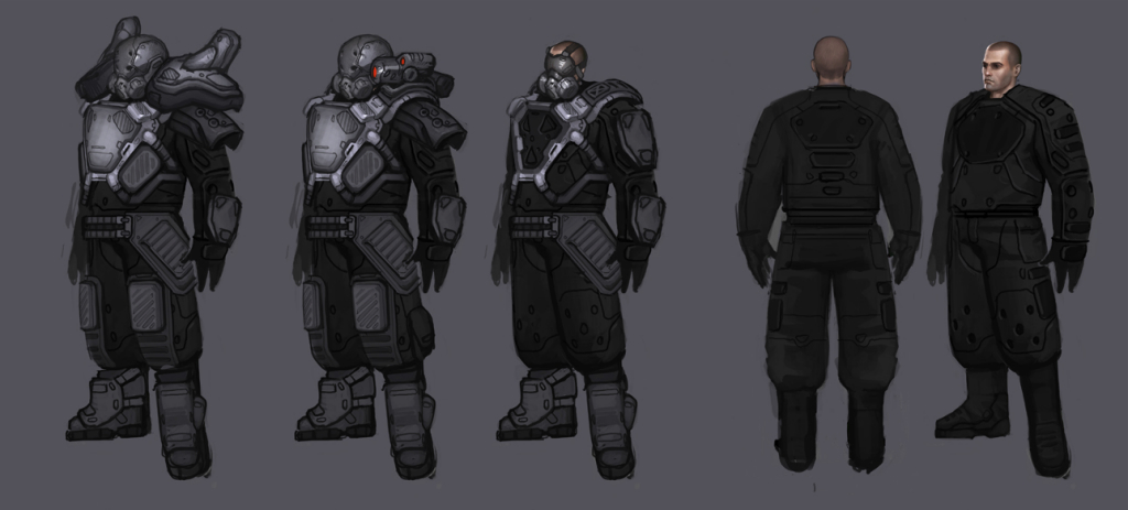 earthrise (game), concept art, 1boy, armor, breastplate, brown hair, full body, grey background, power suit, short hair, standing, very short hair