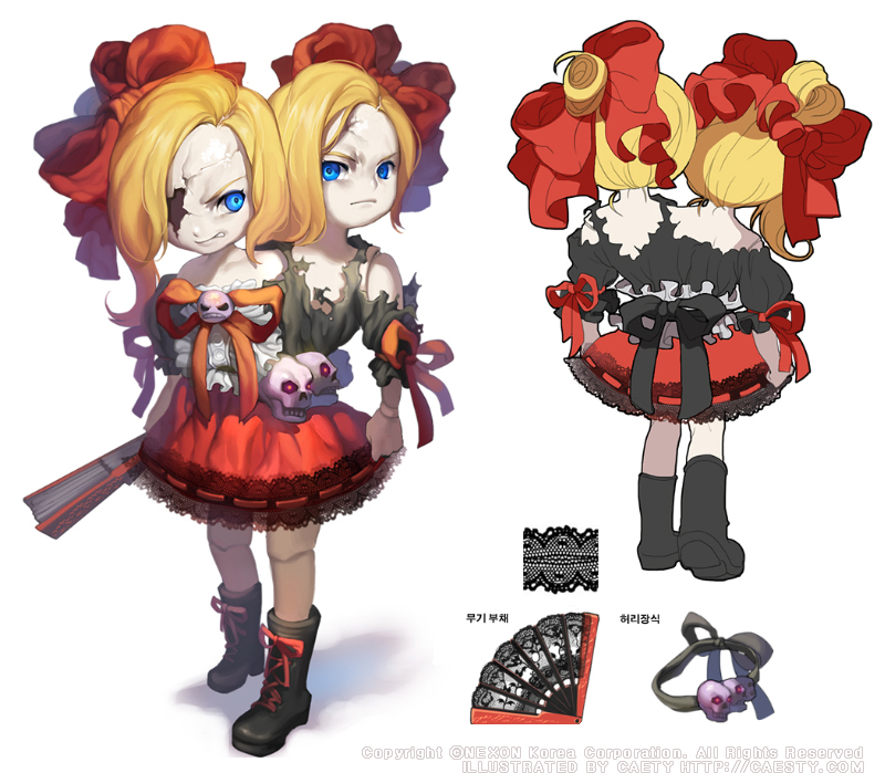 caesty, nexon, tales weaver, commentary request, korean commentary, official art, 4girls, ankle boots, back ribbon, black boots, black ribbon, black shirt, blonde hair, blue eyes, boots, bow, buttons, center frills, clenched hand, collarbone, colored skin, company name, conjoined, copyright notice, crack twins, cracked skin, dated commentary, dual persona, english text, folded fan, folding fan, frills, from behind, frown, full body, furrowed brow, gothic lolita, hair bow, hair bun, hand fan, holding, holding fan, kneepits, korean text, lace, lace-up boots, legs apart, lolita fashion, looking at viewer, miniskirt, monster girl, multiple girls, nape, one-eyed, production art, puffy short sleeves, puffy sleeves, red bow, red ribbon, red skirt, ribbon, ribbon-trimmed skirt, ribbon trim, seams, shadow, shirt, shirt ribbon, short sleeves, siblings, simple background, skirt, skull ornament, standing, strapless, strapless shirt, teeth, tied sleeves, torn clothes, torn shirt, torn straps, twins, waist ribbon, watermark, web address, white background, white skin