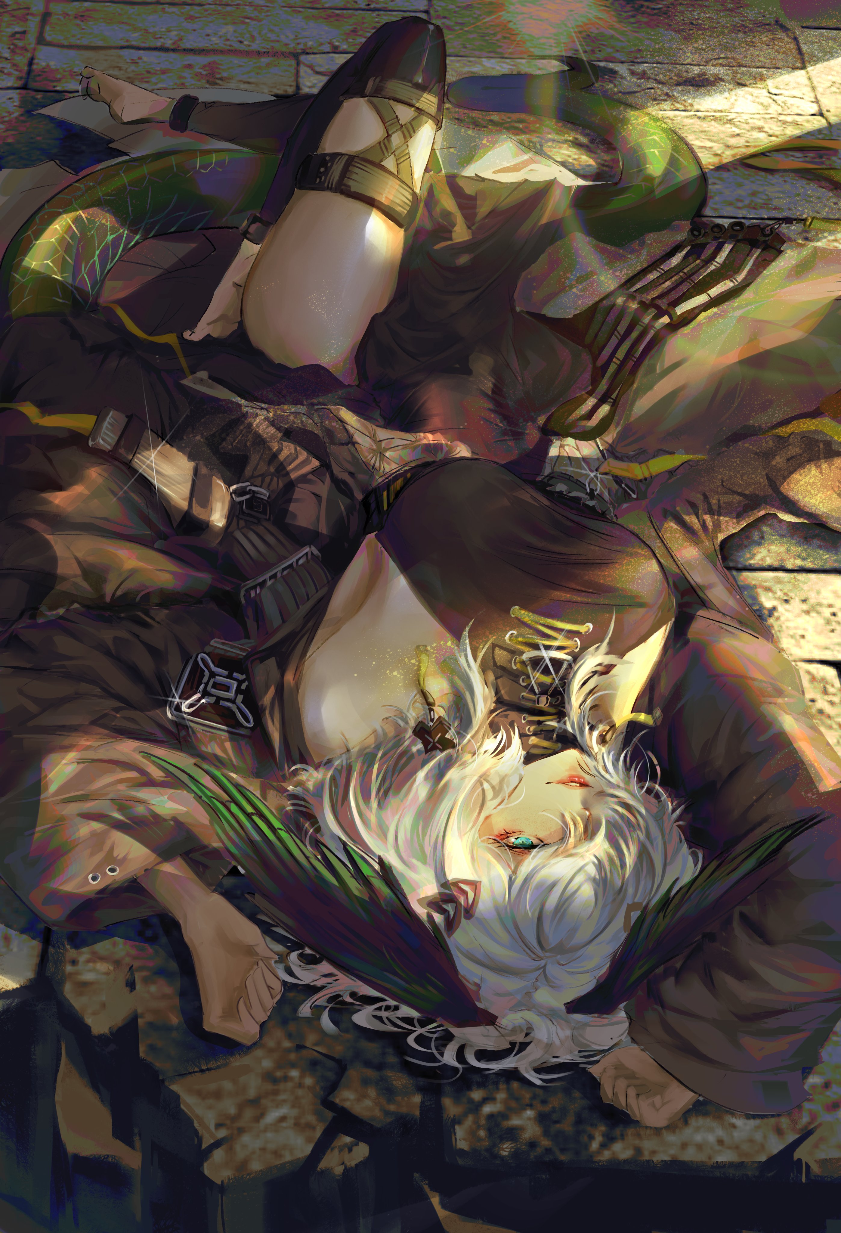 tometome1342, ho'olheyak (arknights), ho'olheyak (ritual of immortality) (arknights), arknights, absurdres, commentary, highres, symbol-only commentary, 1girl, black dress, breasts, dress, feathered wings, grey hair, head wings, large breasts, long dress, medium hair, side slit, snake girl, snake tail, solo, tail, wings