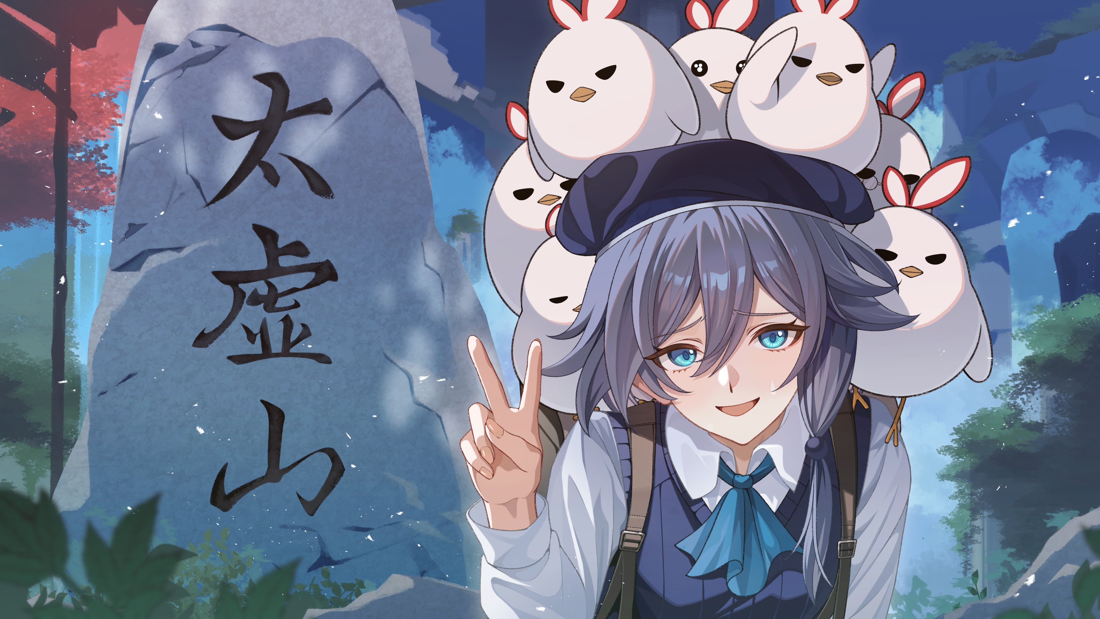 camunekoz, fu hua, jingwei (bird), honkai (series), honkai impact 3rd, absurdres, commentary request, highres, official art, translation request, 1girl, :d, animal, animal on head, animal on shoulder, ascot, bird, blue ascot, blue eyes, blue hat, blue sky, cloud, collared shirt, day, flat cap, grey hair, hair between eyes, hand up, hat, long hair, on head, open mouth, outdoors, shirt, sky, smile, sweater vest, upper body, white shirt
