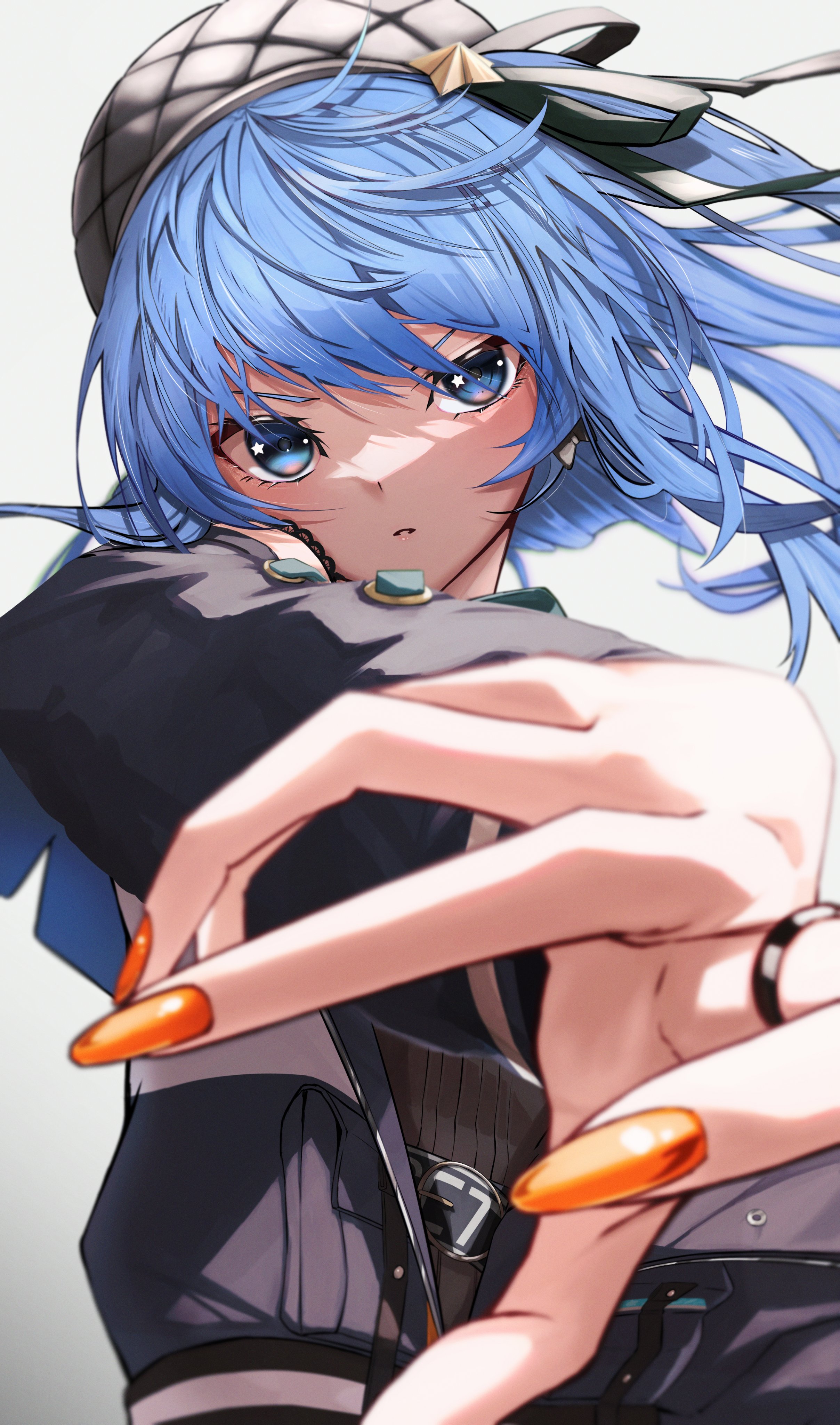 aqui2002, hoshimachi suisei, hololive, absurdres, hashtag-only commentary, highres, 1girl, beret, blue eyes, blue hair, floating hair, hat, jewelry, looking at viewer, orange nails, parted lips, ring, v-shaped eyebrows, virtual youtuber, white background