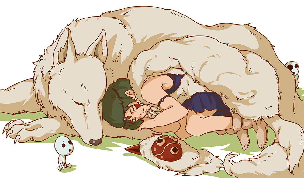 akamidoriao (rgb), kodama, mononoke hime, studio ghibli, commentary request, 1girl, 1other, armband, bare arms, bare shoulders, blue dress, boots, cape, claws, dress, facepaint, fetal position, fur cape, lying, mask, on side, sleeping, unworn mask, wolf