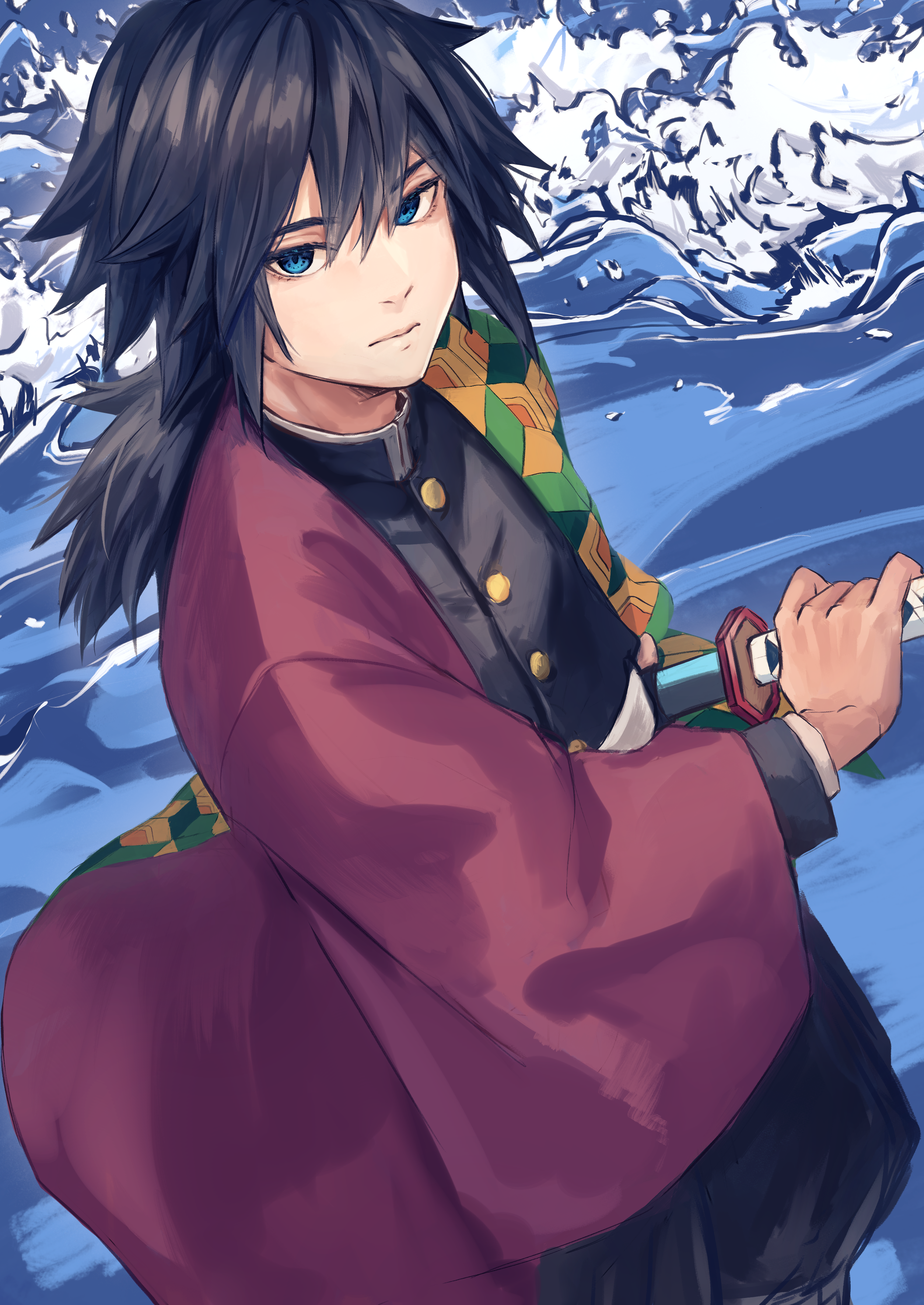 oomura saki, tomioka giyuu, kimetsu no yaiba, absurdres, commentary request, highres, 1boy, belt, black hair, black jacket, black pants, blue eyes, buttons, closed mouth, demon slayer uniform, gold buttons, haori, high collar, holding, holding sword, holding weapon, jacket, japanese clothes, katana, kikkoumon, long hair, looking at viewer, low ponytail, male focus, pants, ponytail, print haori, red haori, solo, spiked hair, sword, water, weapon, white belt