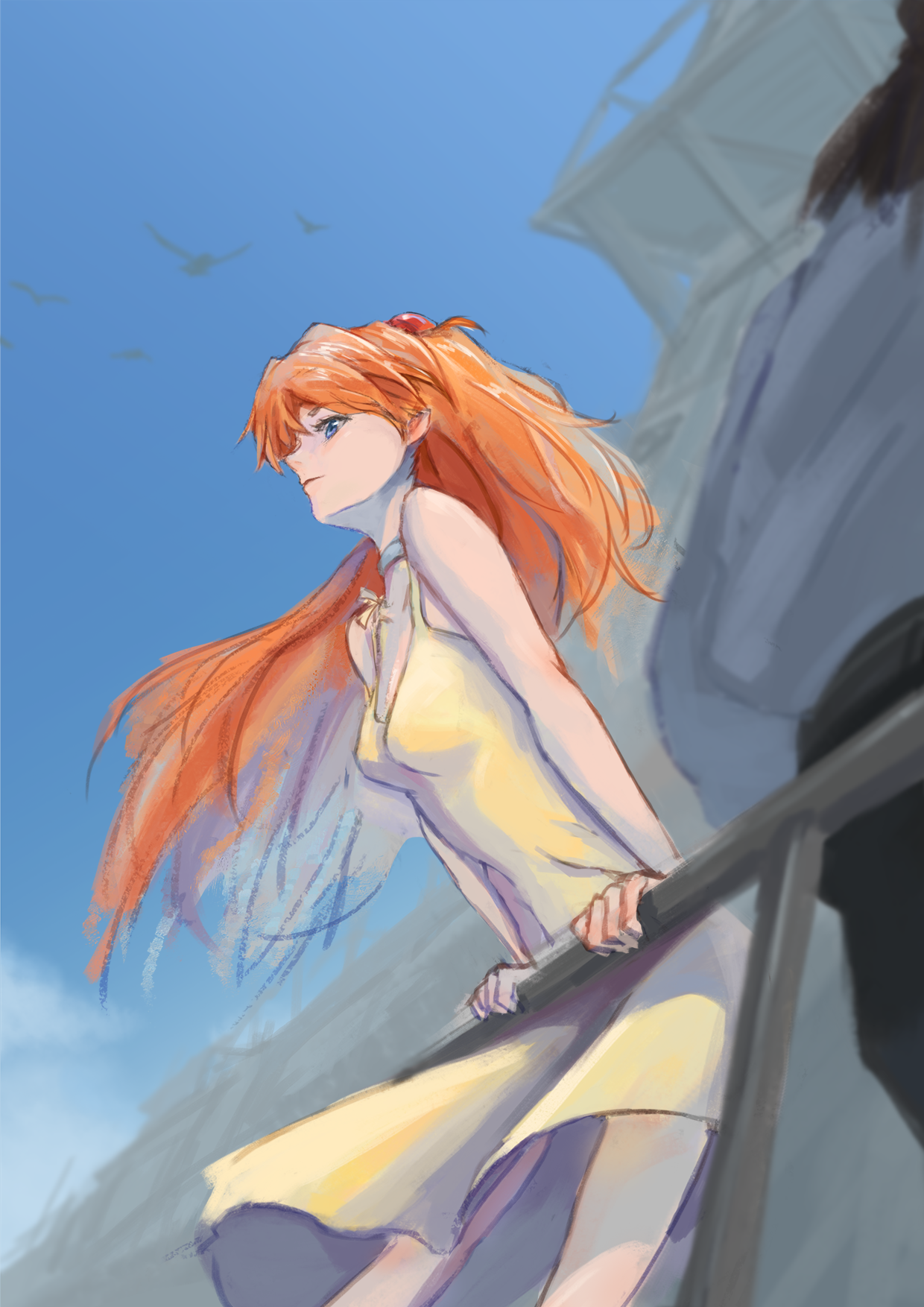 souryuu asuka langley, neon genesis evangelion, highres, 1girl, 1other, against railing, bare arms, belt, bird, black pants, blue eyes, blue sky, breasts, choker, closed mouth, collarbone, from side, interface headset (evangelion), long hair, male underwear, orange hair, pants, railing, shirt, sky, small breasts, two side up, underwear, user wxuw2352, white shirt, wind, wind lift, yellow male underwear