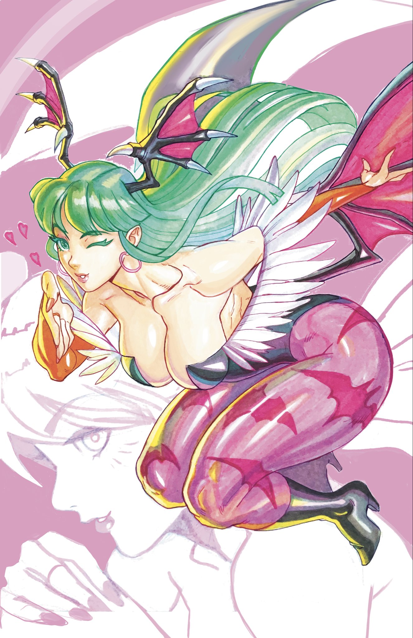 acecore2k, morrigan aensland, capcom, darkstalkers, commentary, english commentary, highres, marker (medium), mixed media, pen (medium), traditional media, unfinished, 1girl, animal print, aqua eyes, aqua hair, bat print, bat wings, black boots, black leotard, blowing kiss, blunt bangs, blunt ends, boots, breasts, bridal gauntlets, cleavage, colored eyelashes, demon girl, dual persona, earrings, floating hair, fur-trimmed leotard, fur trim, head wings, heart, hoop earrings, jewelry, large breasts, leotard, off-shoulder leotard, one eye closed, orange bridal gauntlets, pantyhose, parted lips, pink lips, pinup (style), print pantyhose, profile, purple pantyhose, solo, wings