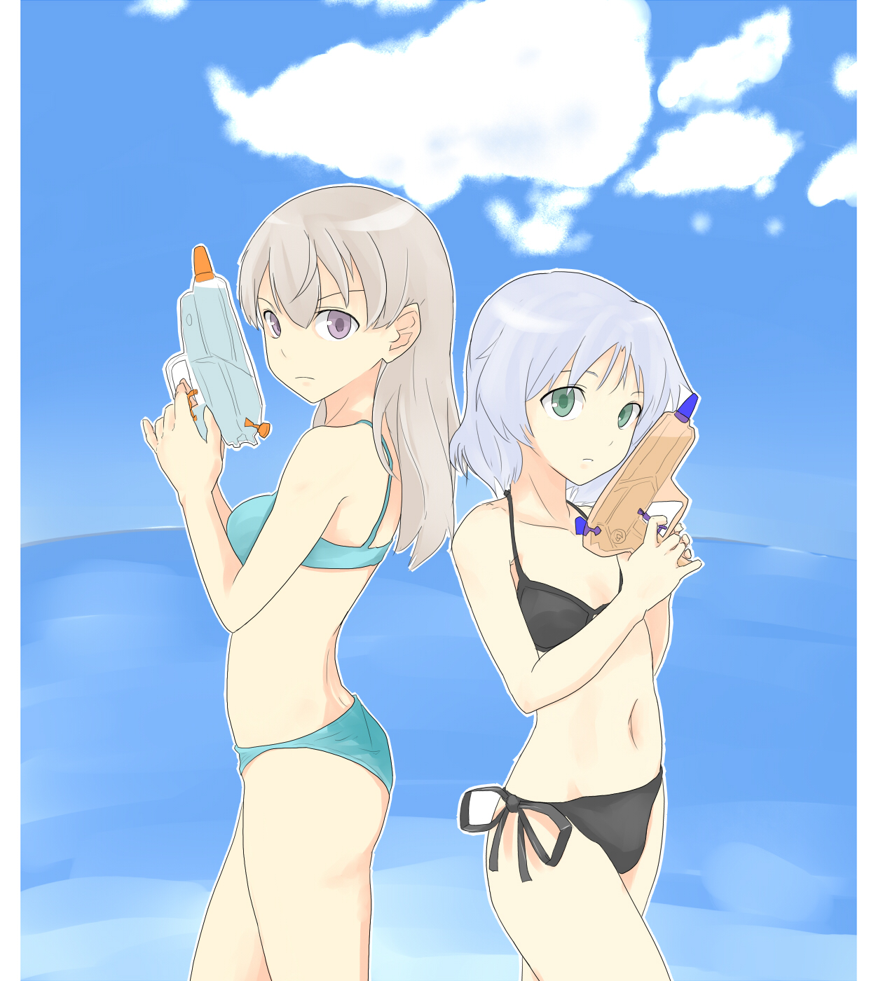 ashuku, eila ilmatar juutilainen, sanya v. litvyak, strike witches, world witches series, silver hair, highres, 00s, 2girls, bikini, blonde hair, blue eyes, cloud, day, green eyes, long hair, multiple girls, ocean, short hair, swimsuit, water, water gun