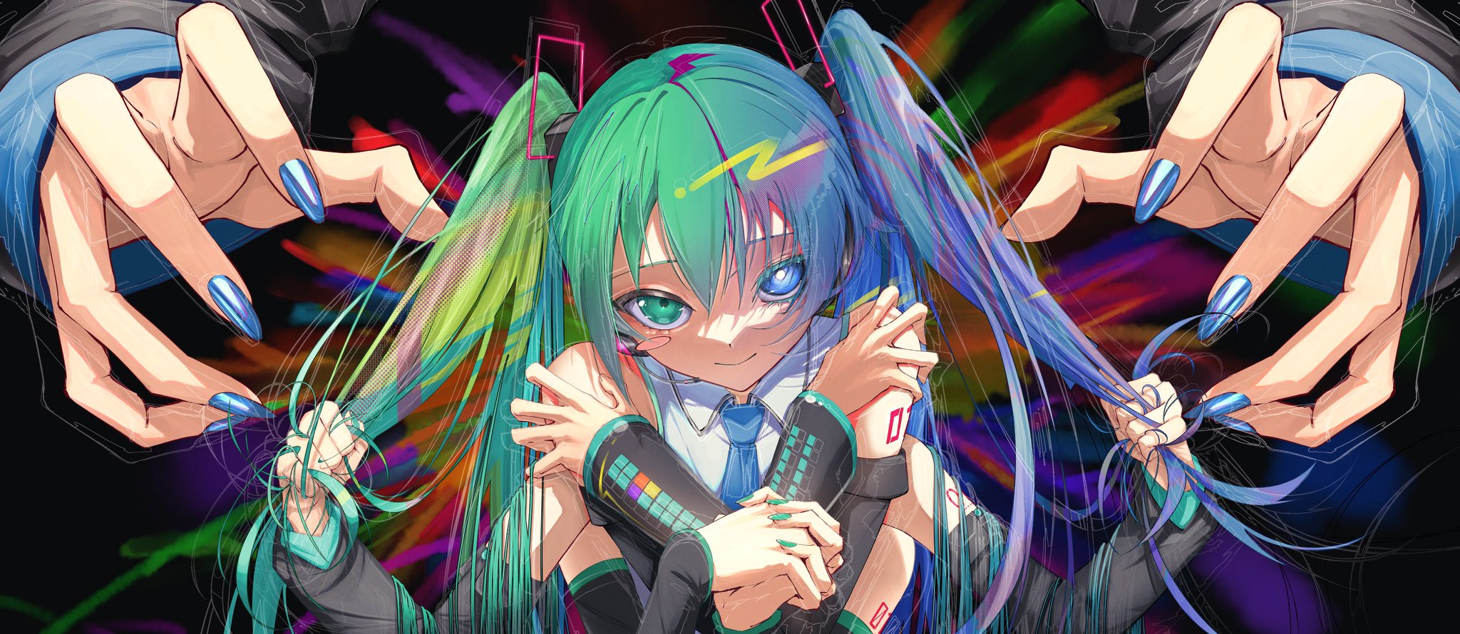 aqui2002, hatsune miku, vocaloid, commentary request, highres, 1girl, aqua hair, blue bow, blue bowtie, blue nails, bow, bowtie, collared shirt, detached sleeves, extra arms, grabbing own hair, hair between eyes, heterochromia, holding, holding own hair, long hair, number tattoo, own hands together, shirt, sleeveless, sleeveless shirt, smile, tattoo, twintails