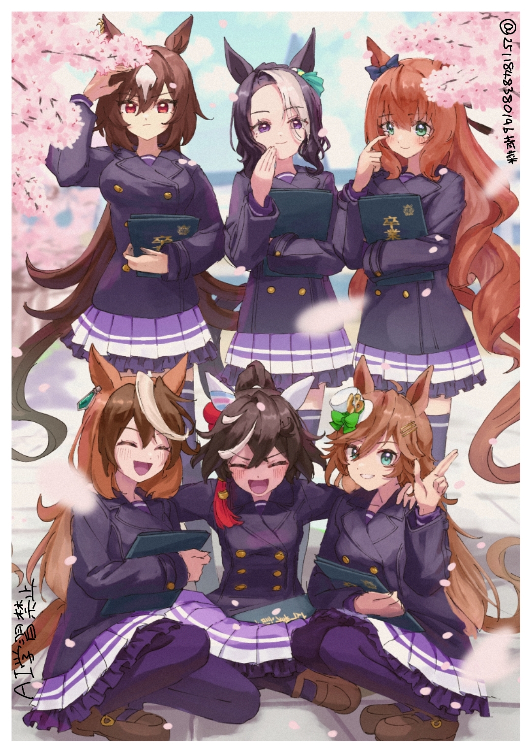 aona (gummy um), katsuragi ace (umamusume), maruzensky (umamusume), mejiro ramonu (umamusume), mr. c.b. (umamusume), sirius symboli (umamusume), symboli rudolf (umamusume), umamusume, commentary request, highres, 6+girls, ^ ^, ahoge, alternate costume, animal ears, black hair, breasts, brown hair, cherry blossoms, closed eyes, ear covers, graduation, hair between eyes, hair ornament, hairclip, hat, horse ears, horse girl, long hair, long sleeves, looking at viewer, mini hat, mini top hat, multicolored hair, multiple girls, open mouth, ponytail, purple eyes, school uniform, smile, squatting, standing, top hat, white hair