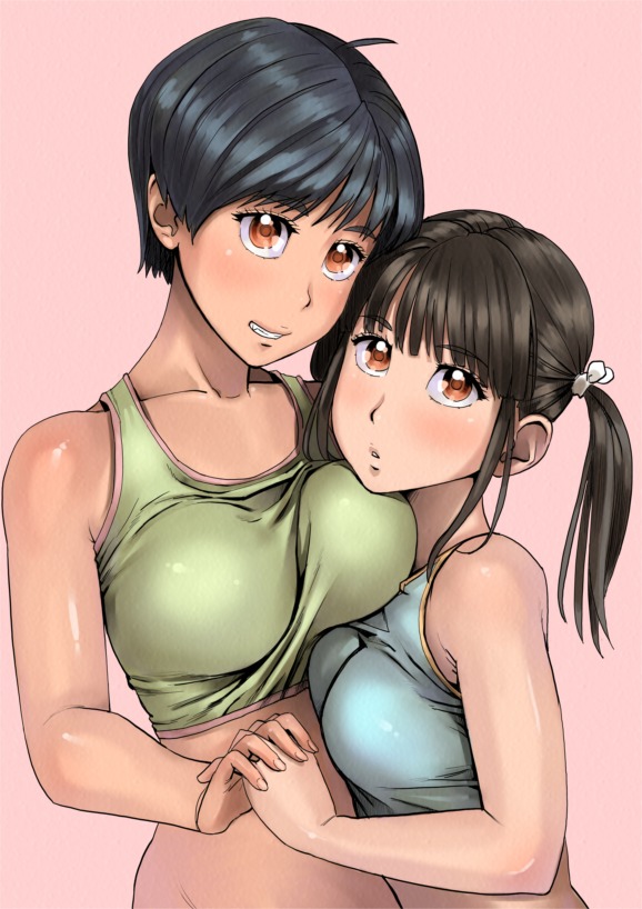 zenkou, ayumu (zenkou), chitose (zenkou), original, 2girls, :o, black hair, blush, bra, breast press, breasts, brown eyes, brown hair, camisole, green bra, grin, holding hands, interlocked fingers, looking at viewer, medium breasts, multiple girls, orange eyes, parted lips, pink background, shiny skin, short hair, simple background, smile, sports bra, twintails, underwear, yuri
