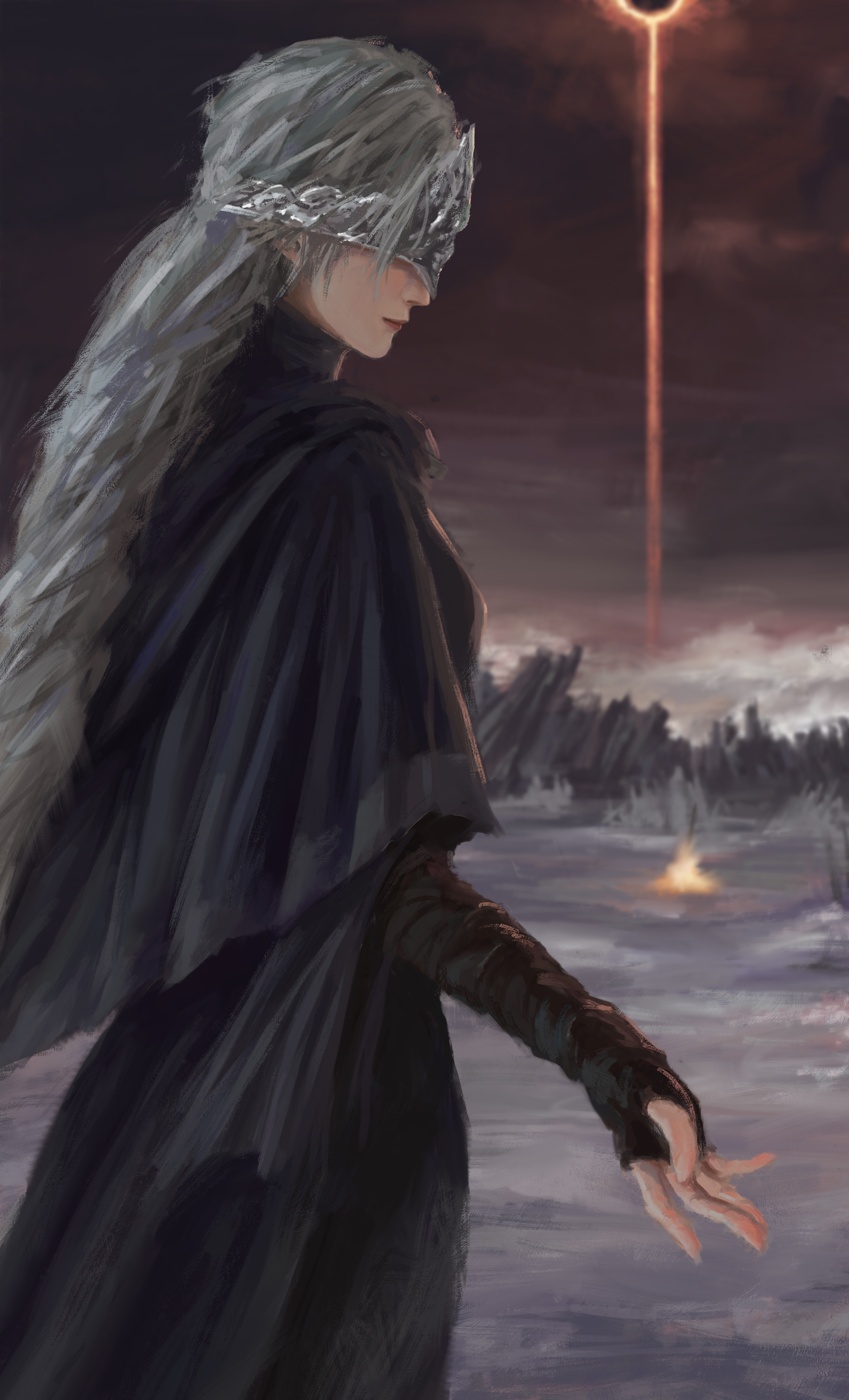 fire keeper, dark souls (series), dark souls iii, absurdres, commentary, english commentary, highres, 1girl, arm wrap, black dress, blindfold mask, blonde hair, cape, capelet, cloak, closed mouth, covered eyes, dress, eclipse, fingerless gloves, from side, gloves, lips, long hair, mask, outstretched arm, solo, user wxuw2352