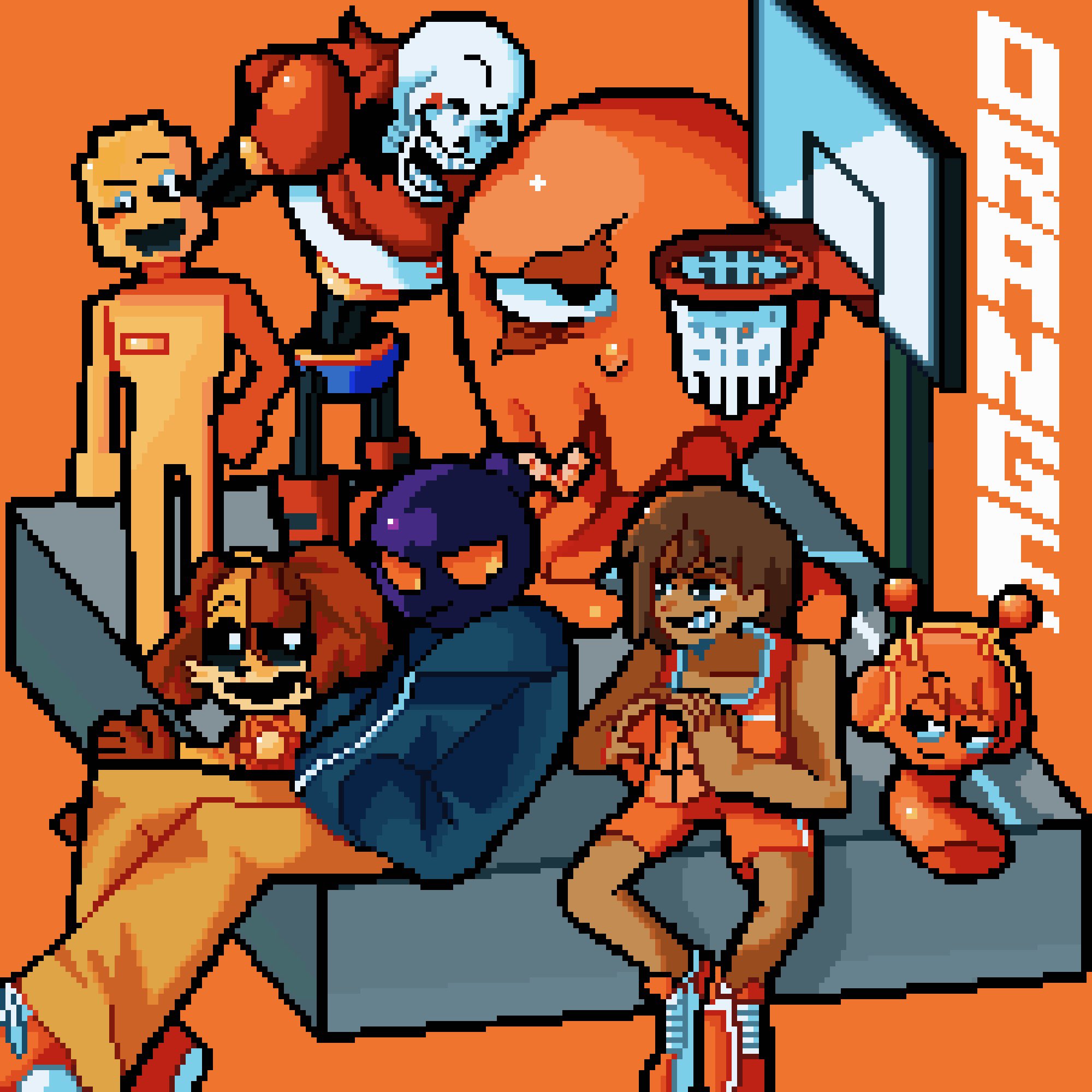 kel (faraway) (omori), kel (omori), oren (sprunki), papyrus (undertale), five nights at freddy's, friday night funkin', incredibox, omori, sprunki, undertale, utdr (toby fox), character request, copyright request, highres, 6+boys, 9aaaalt29, :d, ^ ^, ball, bare arms, bare legs, bare shoulders, basketball (object), basketball hoop, black eyes, black sclera, blue jacket, bomb, bright pupils, brown hair, closed eyes, closed mouth, collarbone, color connection, colored sclera, crossover, dark-skinned male, dark skin, double-parted bangs, explosive, feet out of frame, frown, full body, gloves, grin, hair behind ear, hair between eyes, hand on own hip, hands up, headphones, holding, holding ball, hood, hood down, hooded jacket, jacket, jitome, knees apart feet together, long sleeves, looking at another, male focus, multiple boys, multiple crossover, object head, on floor, open mouth, orange background, orange sclera, orange shoes, orange shorts, orange tank top, pixel art, puffy long sleeves, puffy sleeves, raised eyebrow, red gloves, red scarf, scarf, shoes, short hair, shorts, simple background, sitting, skeleton, smile, standing, tank top, white eyes, white pupils, whitty (sock.clip)