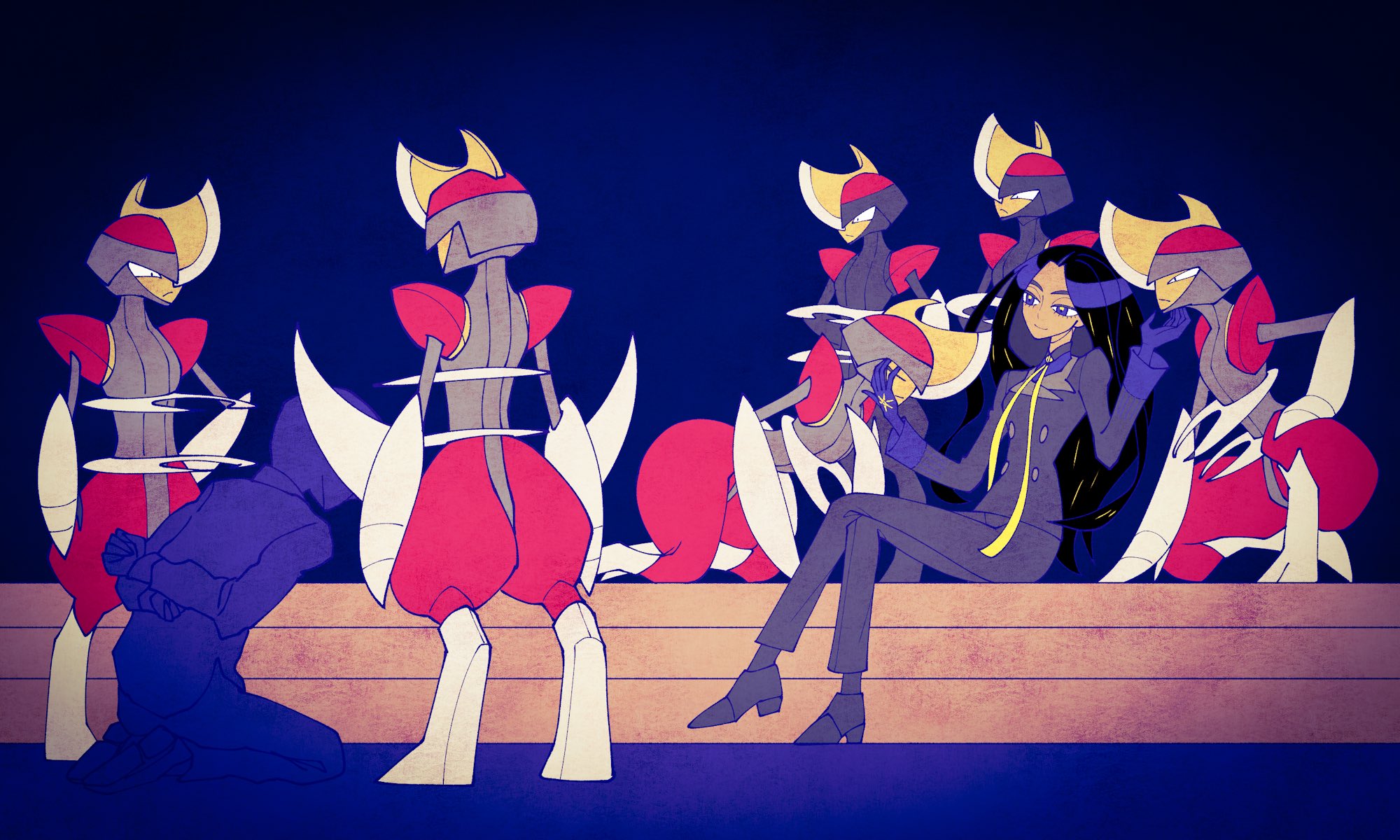 umi-be-to, bisharp, geeta (pokemon), nintendo, pokemon, pokemon sv, commentary request, highres, 1boy, 1girl, 6+others, arm blade, arms behind back, black coat, black gloves, black hair, black pants, black shoes, blazer, closed eyes, coat, crossed legs, faceless, faceless male, facing another, formal clothes, gen 5 pokemon, gloves, grey eyes, grey helmet, grey trim, hand on another's cheek, hand on another's chin, hand on another's face, hand on ground, hand on own hip, helmet, high contrast, jacket, kneeling, leaning forward, long hair, looking at another, multiple others, on one knee, pants, pokemon (creature), red helmet, red trim, restrained, shoes, shoulder pads, stairs, straight hair, suit, two-tone helmet, vignetting, weapon, wide hips