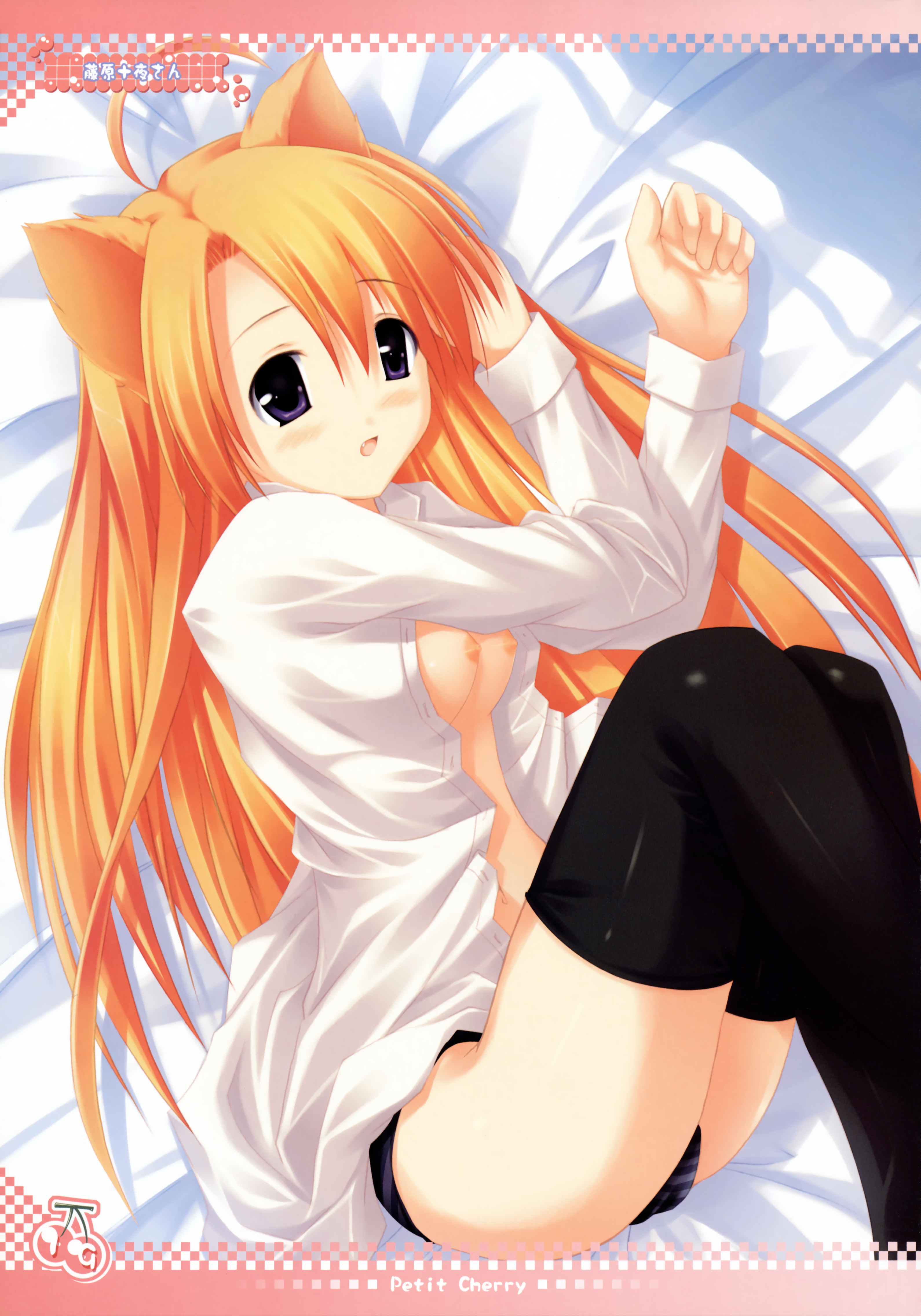 fujiwara tooya, absurdres, highres, 1girl, ahoge, animal ears, bed, black panties, black thighhighs, blonde hair, blush, breasts, cat ears, dress shirt, fang, female focus, long hair, lying, medium breasts, nipples, no bra, on side, open clothes, open shirt, orange hair, panties, purple eyes, shirt, small nipples, solo, thighhighs, underwear