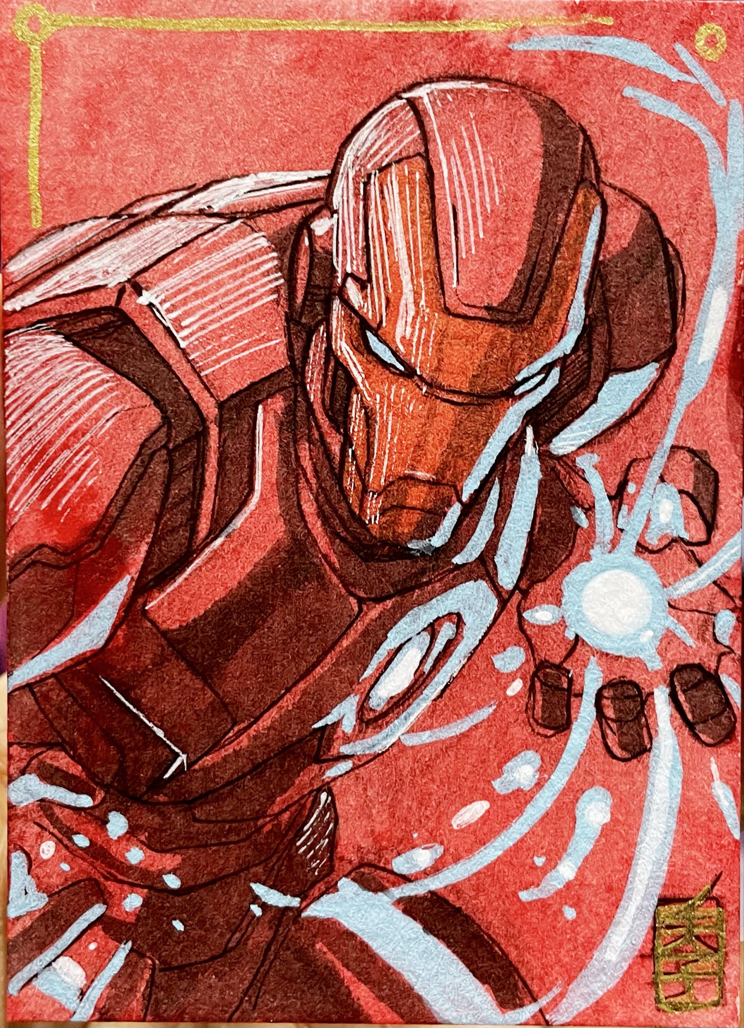 acecore2k, iron man, iron man (series), marvel, commentary, english commentary, highres, marker (medium), mixed media, oil painting (medium), painting (medium), pen (medium), traditional media, 1boy, arc reactor, armor, full armor, imminent attack, male focus, power armor, red armor, red background, red theme, solo