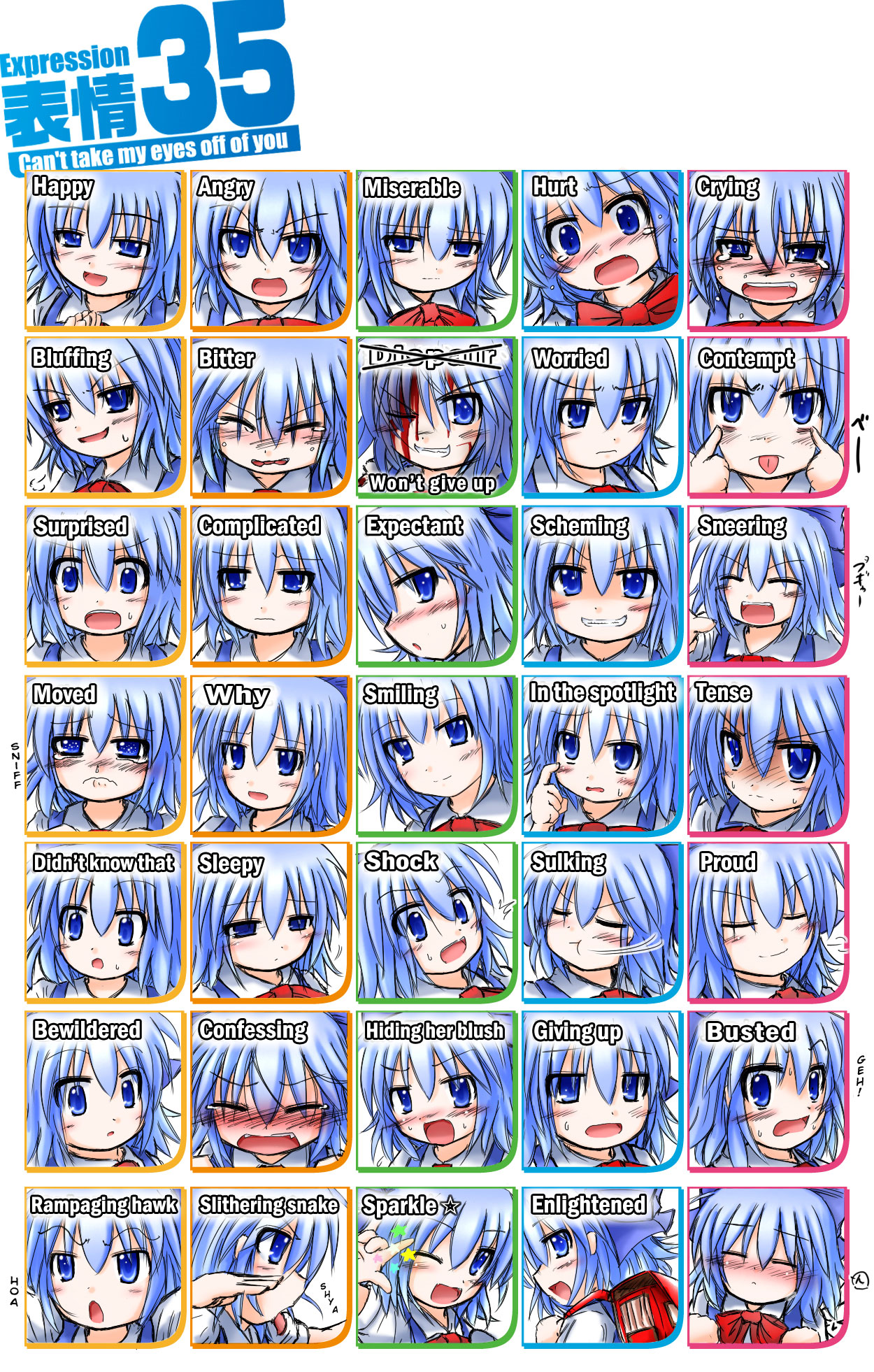 gobaku arashi, cirno, touhou, highres, translated, backpack, bag, blue eyes, blue hair, chart, multiple expressions, randoseru, short hair
