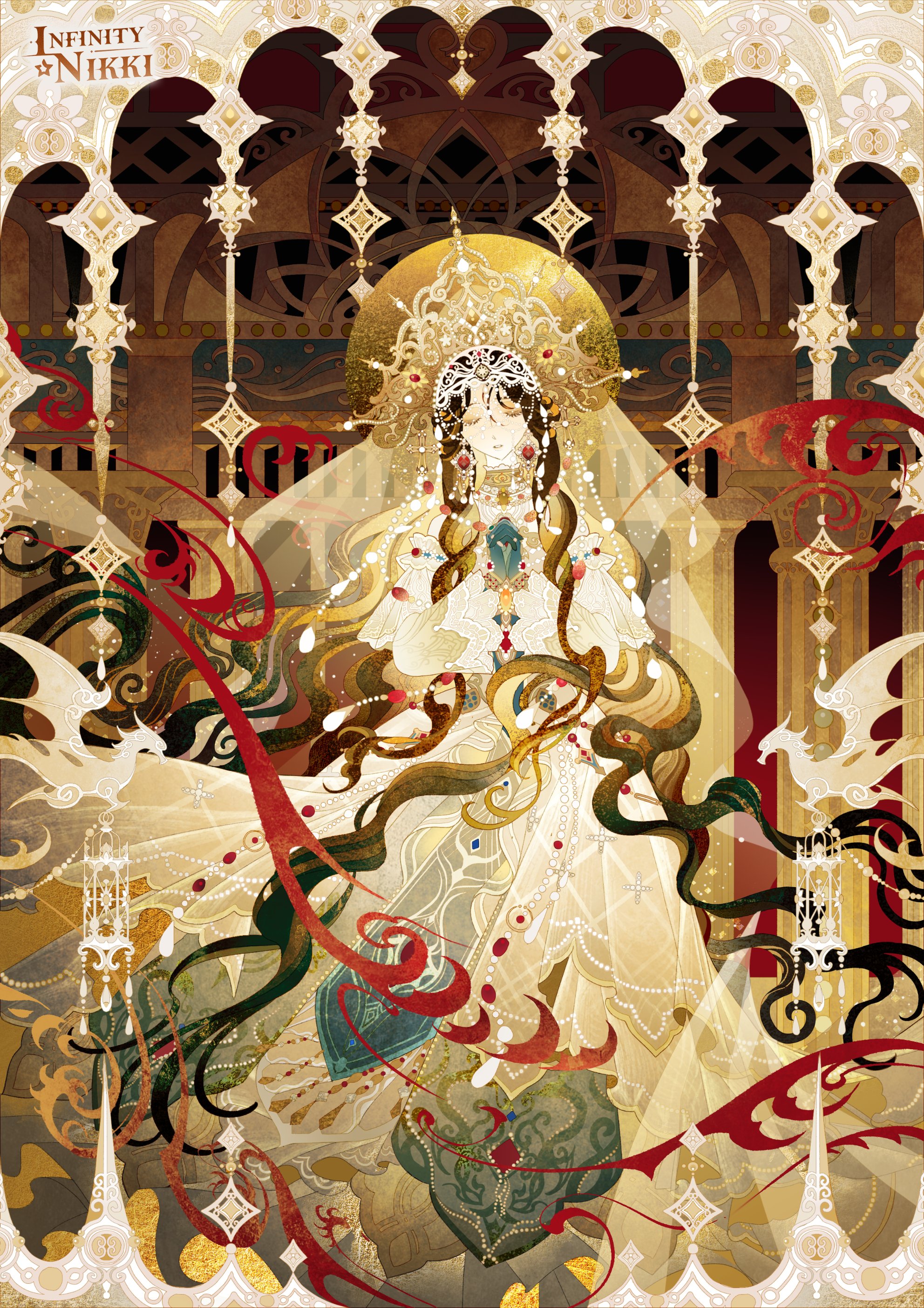 infinity nikki, nikki (series), absurdres, artist request, commentary, english commentary, highres, official art, second-party source, 1girl, bead necklace, beads, behind prayers (infinity nikki), black hair, blue gloves, choker, closed eyes, copyright logo, crown, dragon, dress, earrings, expressionless, eyelashes, eyeshadow, feet out of frame, frilled sleeves, frills, gem, gloves, gold choker, gold crown, gown, hair between eyes, hair over shoulder, indoors, interlocked fingers, jewelry, layered sleeves, logo, long dress, long hair, long sleeves, makeup, necklace, own hands clasped, own hands together, parted lips, pillar, red gemstone, see-through clothes, see-through veil, short over long sleeves, short sleeves, solo, veil, very long hair, wavy hair, western dragon, white dress, white veil, yellow eyeshadow