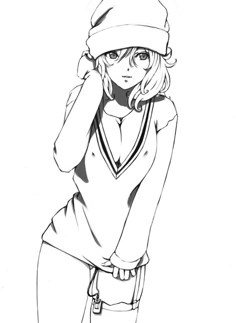 akitama, bad id, bad pixiv id, 1girl, beanie, breasts, cleavage, covered erect nipples, digital media player, digital walkman, female focus, greyscale, hat, large breasts, monochrome, short hair, solo