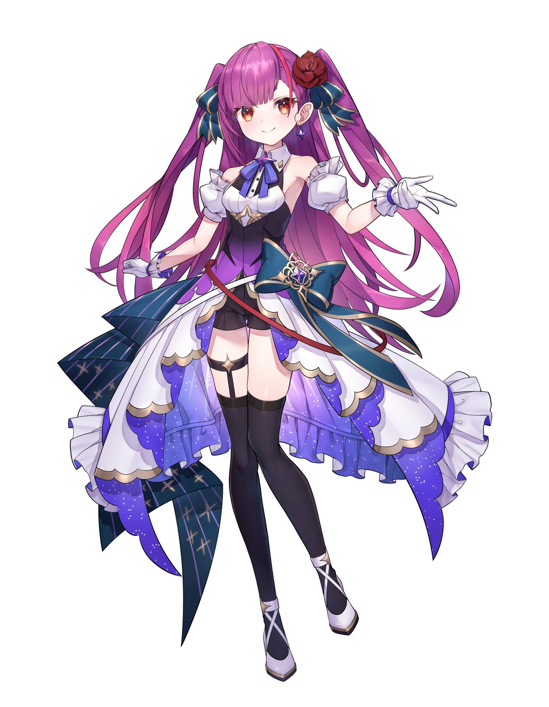 ruri enma (live union), live union, highres, official art, black thighhighs, bow, bowtie, flower, flower ornament, frilled skirt, frills, gloves, hair flower, hair ornament, hime cut, long hair, purple hair, red eyes, red flower, red rose, rose, shoes, skirt, smile, thighhighs, twintails, virtual youtuber, white gloves