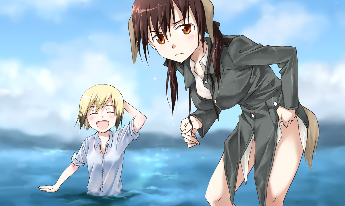 agahari, erica hartmann, gertrud barkhorn, strike witches, world witches series, uniform, 00s, 2girls, animal ears, blonde hair, blue eyes, blush, brown eyes, brown hair, cloud, day, dripping, long hair, multicolored hair, multiple girls, outdoors, shirt, short hair, sky, tail, twintails, two-tone hair, water, wet, wet clothes, wet hair, wet shirt