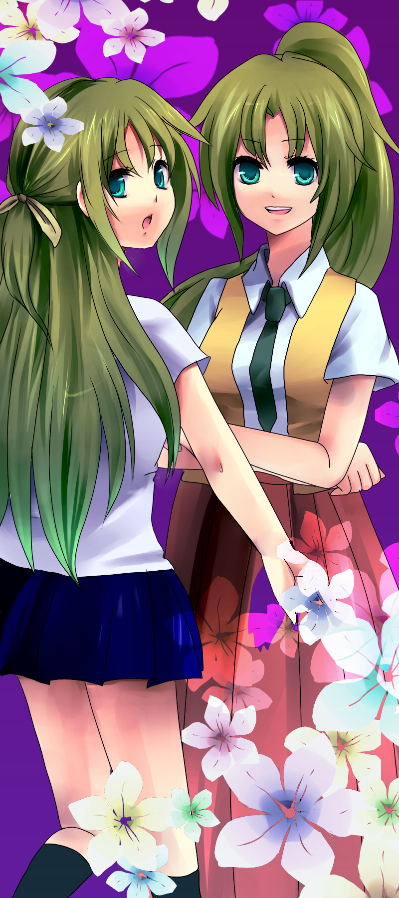 nishikawa (fe), sonozaki mion, sonozaki shion, higurashi no naku koro ni, bad id, bad pixiv id, highres, 00s, 2girls, flower, green eyes, green hair, half updo, long hair, looking back, multiple girls, ponytail, siblings, sisters, twins