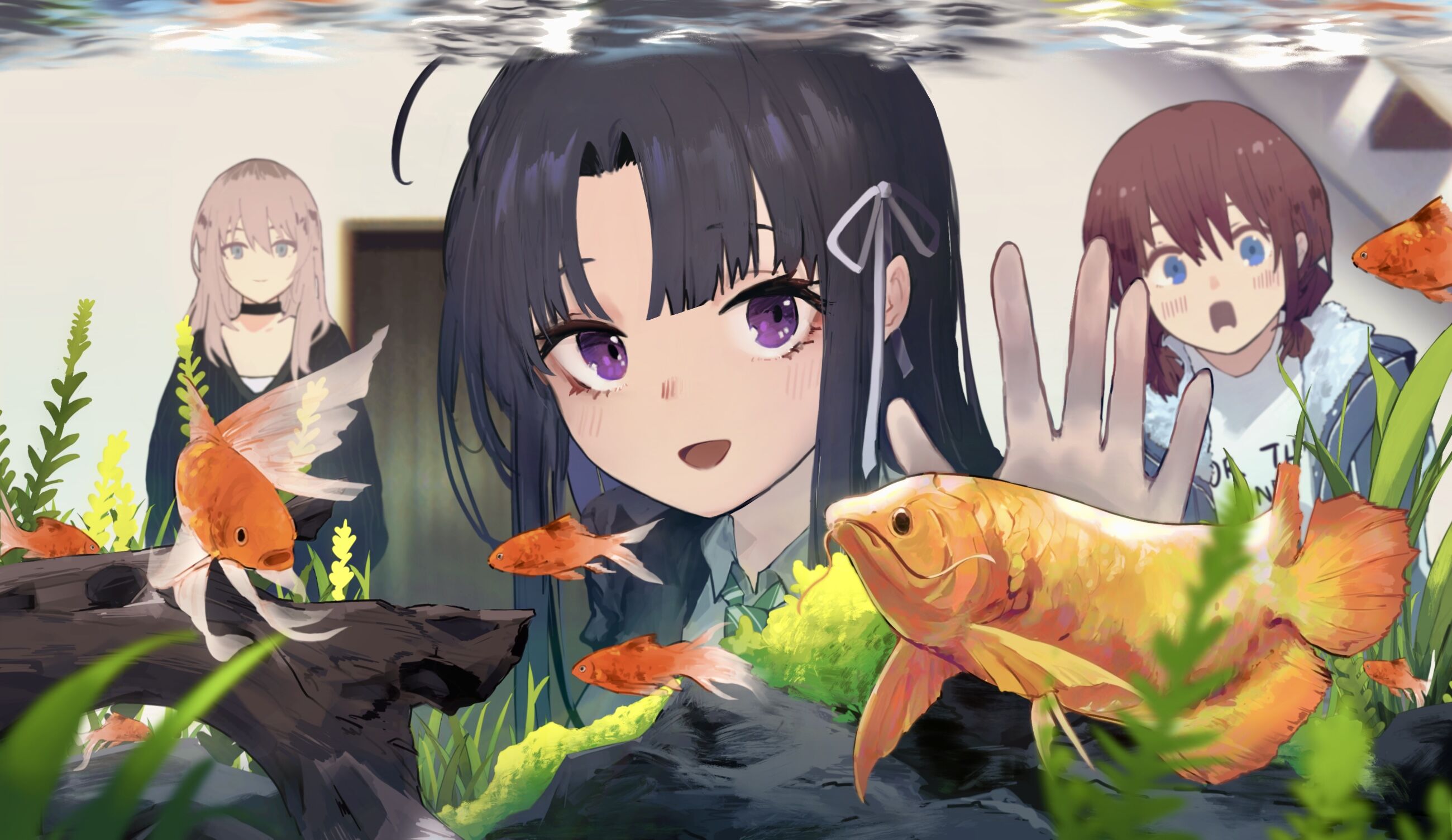 shiliuye feiyu, awa subaru, iseri nina, kawaragi momoka, girls band cry, commentary, highres, symbol-only commentary, 3girls, against glass, black choker, black hair, blue eyes, brown hair, choker, fish, fish tank, goldfish, grey hair, hair ribbon, hand on glass, long hair, looking at viewer, multicolored hair, multiple girls, open mouth, parted bangs, purple eyes, ribbon, roots (hair), white ribbon