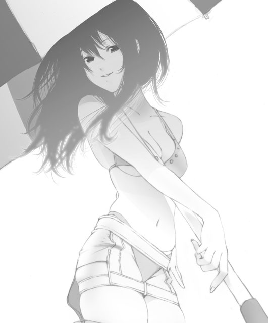 akitama, bad id, bad pixiv id, 1girl, bikini, breasts, cleavage, female focus, greyscale, medium breasts, monochrome, smile, solo, swimsuit