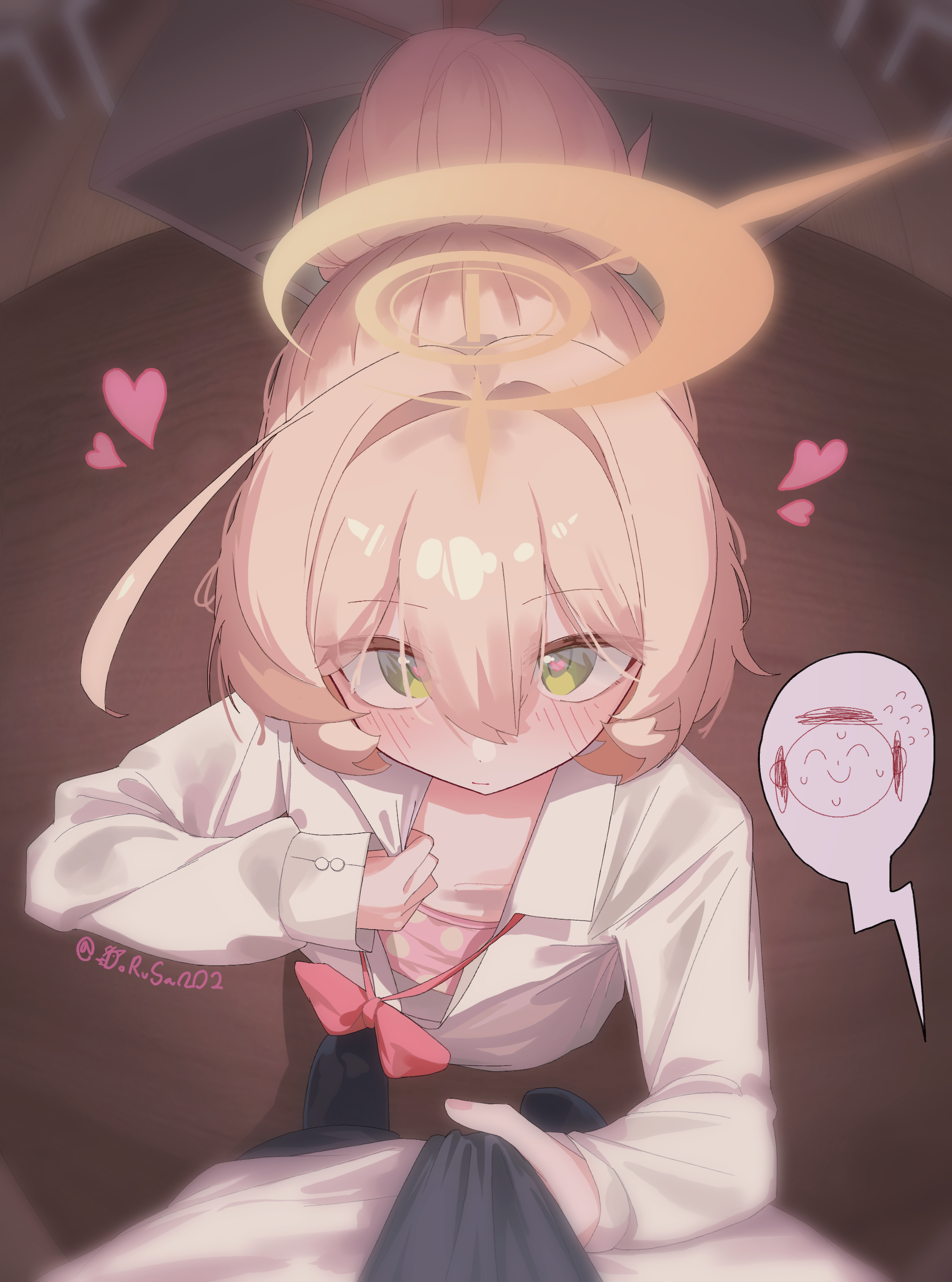 dorusan 02, doodle sensei (blue archive), professor niyaniya (blue archive), sensei (blue archive), blue archive, absurdres, commentary, english commentary, highres, 1boy, 1girl, black necktie, blush, bow, bowtie, camisole, green eyes, hair bun, halo, heart, heart-shaped pupils, looking at viewer, necktie, open clothes, pink bow, polka dot camisole, pov, shirt, speech bubble, symbol-shaped pupils, white shirt, yellow halo