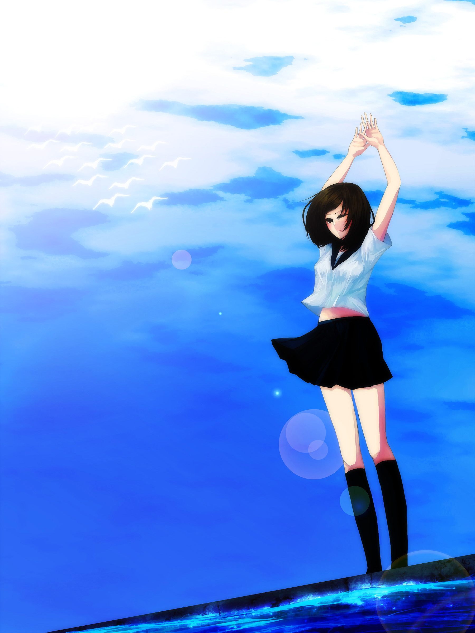 memai, original, absurdres, bad id, bad pixiv id, highres, blush, brown eyes, brown hair, cloud, day, school uniform, short hair, skirt, sky, solo, water