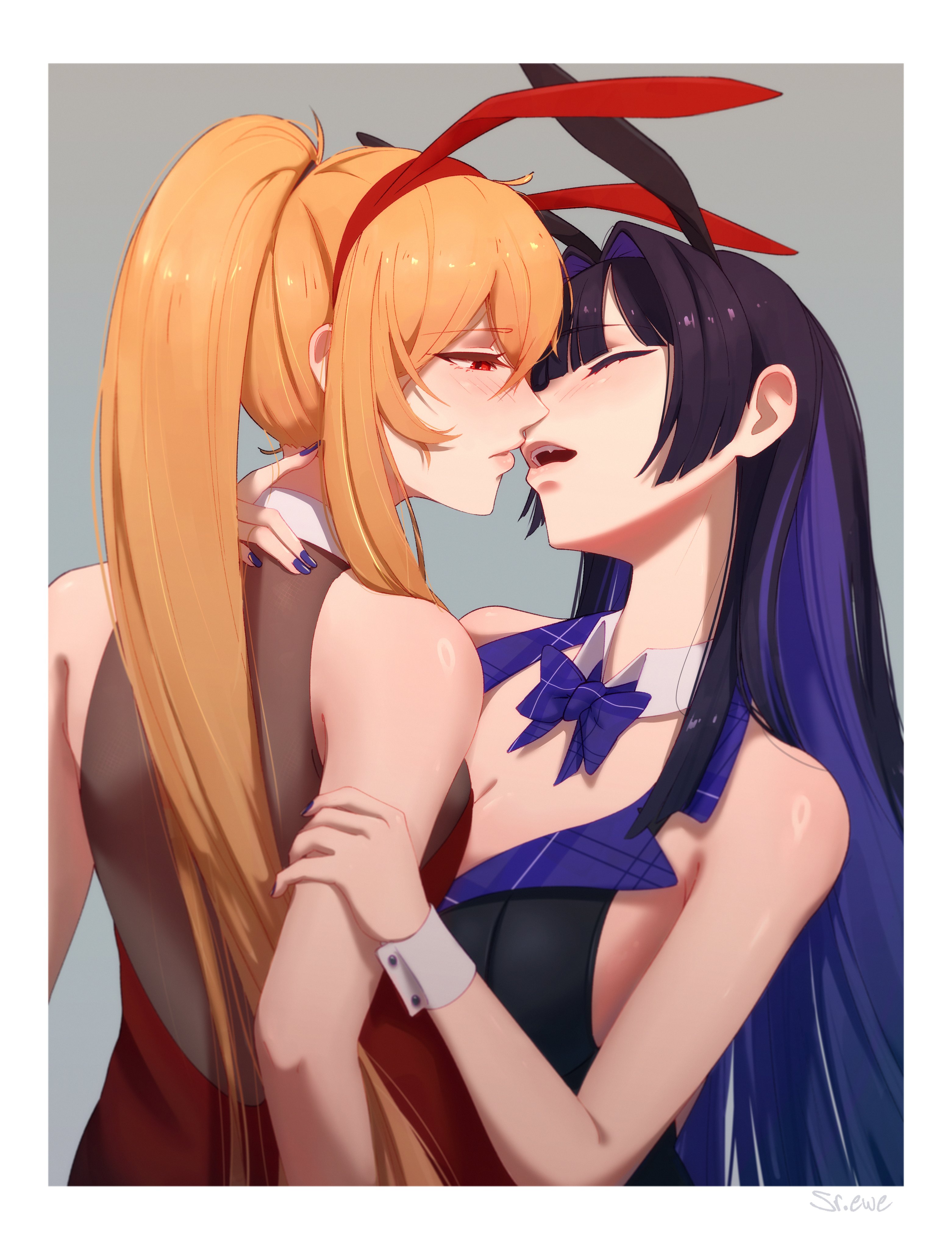 srewe5, kaela kovalskia, ouro kronii, hololive, hololive english, hololive indonesia, absurdres, commentary, english commentary, highres, 2girls, bare arms, black dress, blonde hair, blush, border, bow, bowtie, breasts, cleavage, closed eyes, detached collar, dress, grey background, hair intakes, long hair, looking at another, multiple girls, open mouth, parted lips, ponytail, purple bow, purple bowtie, purple hair, purple nails, red dress, red eyes, virtual youtuber, white border, wrist cuffs, yuri