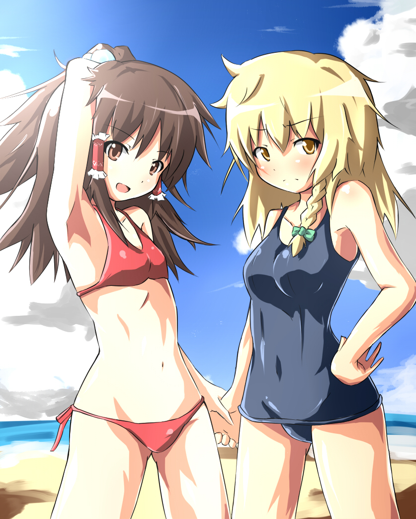 rariemonn, hakurei reimu, kirisame marisa, touhou, 2girls, beach, bikini, black one-piece swimsuit, blonde hair, braid, breasts, brown eyes, brown hair, day, female focus, gradient background, holding hands, long hair, multiple girls, ocean, one-piece swimsuit, outdoors, ponytail, school swimsuit, side-tie bikini bottom, sky, swimsuit, yellow eyes