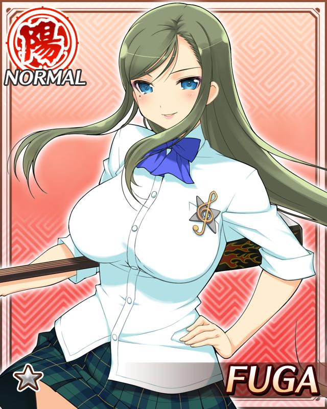 fuga (senran kagura), senran kagura, senran kagura new wave, game cg, official art, blue bow, blue bowtie, blue eyes, border, bow, bowtie, breasts, card (medium), character name, english text, green hair, green skirt, hand on own hip, holding, holding instrument, instrument, large breasts, long hair, long sleeves, looking at viewer, mole, mole under eye, official alternate costume, parted bangs, parted lips, plaid clothes, plaid skirt, sakigei municipal academy school uniform, school uniform, shamisen, shirt, skirt, smile, treble clef, white shirt