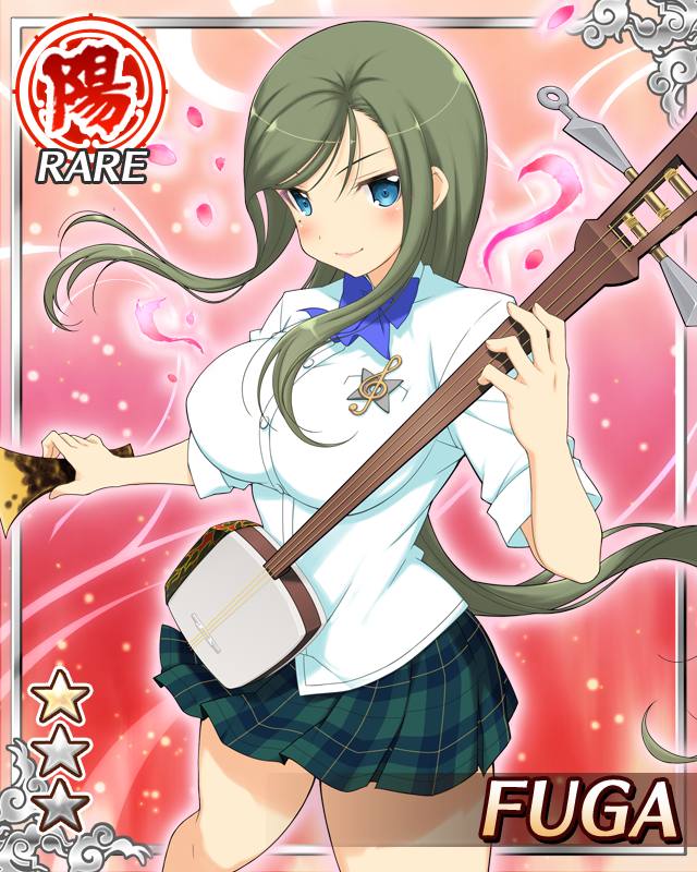 fuga (senran kagura), senran kagura, senran kagura new wave, game cg, official art, aura, blue bow, blue bowtie, blue eyes, border, bow, bowtie, breasts, card (medium), character name, closed mouth, english text, green hair, green skirt, holding, holding instrument, holding plectrum, instrument, large breasts, long hair, long sleeves, looking at viewer, mole, mole under eye, official alternate costume, parted bangs, plaid clothes, plaid skirt, plectrum, sakigei municipal academy school uniform, school uniform, shamisen, shirt, skirt, smile, treble clef, white shirt