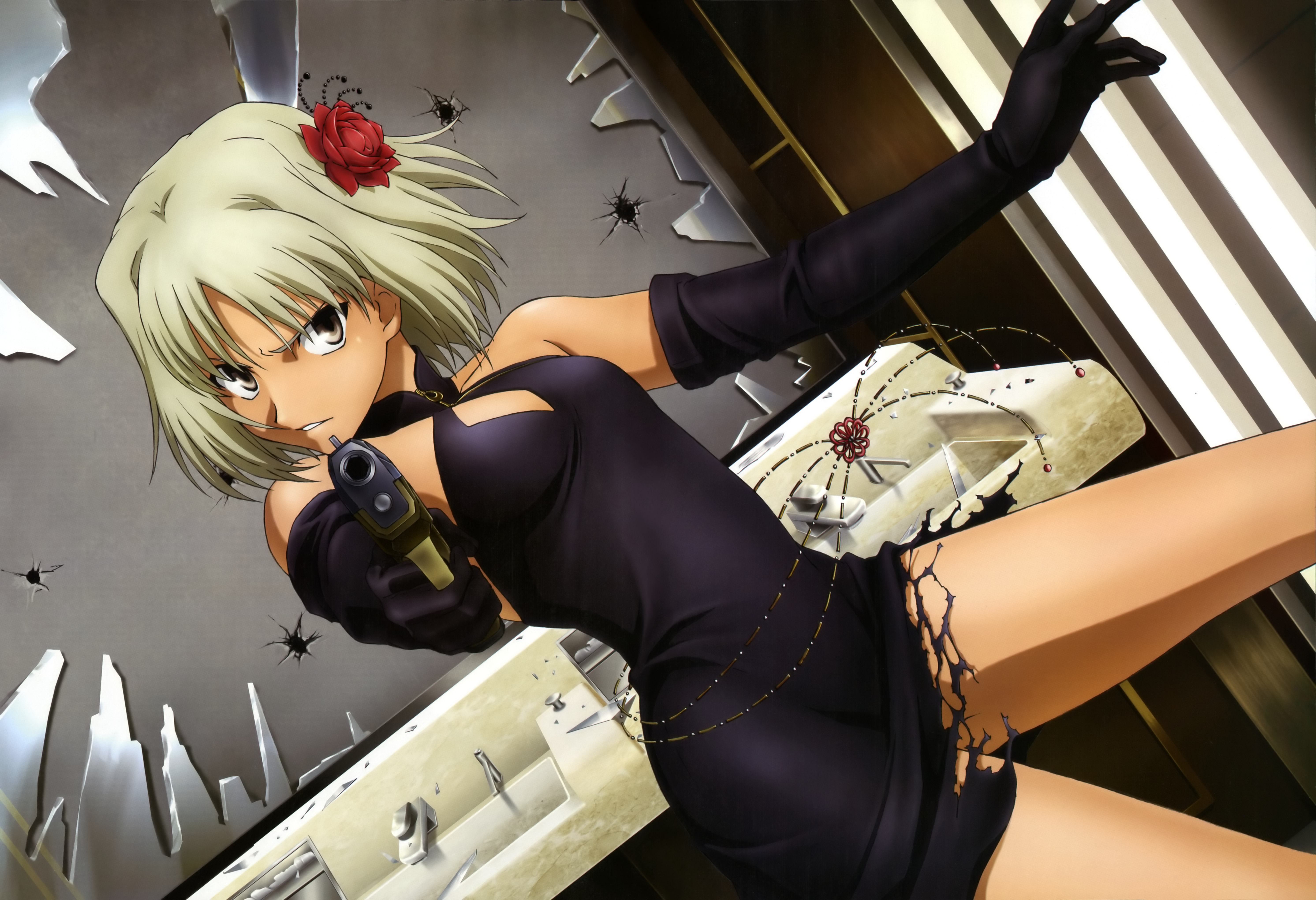 sekiguchi kanami, canaan (character), 428, 428: fuusa sareta shibuya de, canaan (series), chunsoft, nyantype, absurdres, highres, scan, 1girl, bare shoulders, bathroom, brown eyes, cleavage cutout, clothing cutout, dark-skinned female, dark skin, dress, dutch angle, elbow gloves, female focus, flower, gloves, gun, hair flower, hair ornament, handgun, pistol, short hair, sink, solo, torn clothes, weapon