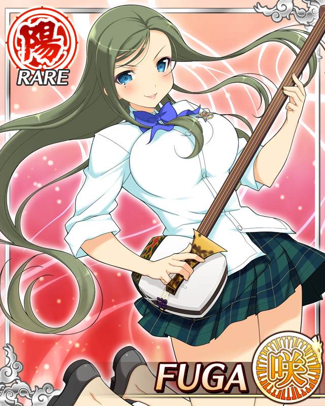 fuga (senran kagura), senran kagura, senran kagura new wave, game cg, official art, blue bow, blue bowtie, blue eyes, border, bow, bowtie, breasts, card (medium), character name, english text, green hair, green skirt, holding, holding instrument, holding plectrum, instrument, jumping, large breasts, legs up, long hair, long sleeves, looking at viewer, midair, mole, mole under eye, official alternate costume, parted bangs, parted lips, plaid clothes, plaid skirt, plectrum, sakigei municipal academy school uniform, school uniform, shamisen, shirt, skirt, smile, treble clef, white shirt