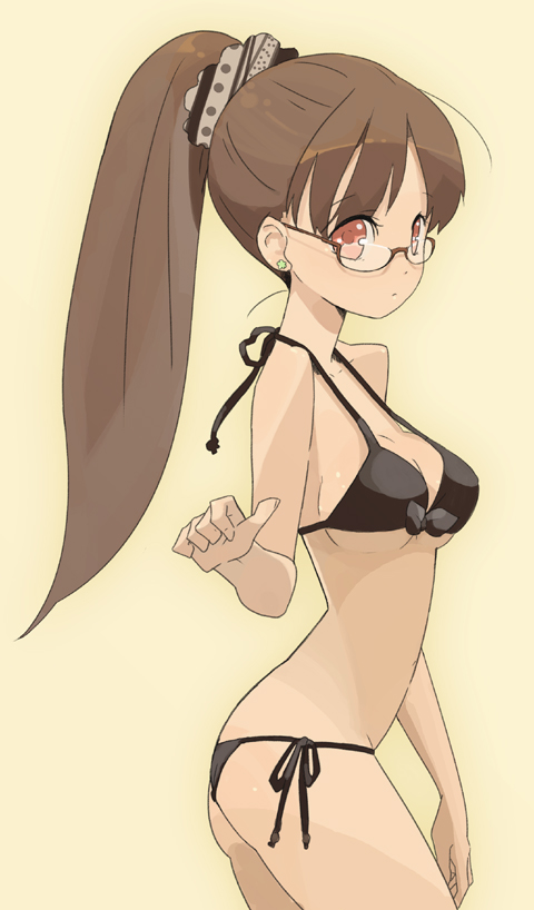 ukke, original, 1girl, bikini, black bikini, brown eyes, brown hair, female focus, front-tie top, glasses, long hair, ponytail, scrunchie, side-tie bikini bottom, solo, swimsuit