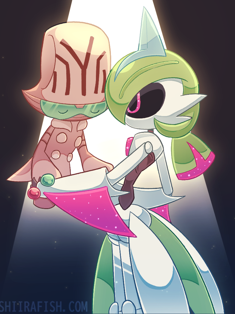 shiirafish, beheeyem, iron valiant, nintendo, pokemon, 2others, arm blade, armor, artist name, black sclera, black skin, blue hair, closed eyes, colored sclera, colored skin, dancing, faulds, floating, from side, gen 5 pokemon, green hair, height difference, holding hands, humanoid robot, joints, looking at another, medium hair, mohawk, multicolored hair, multicolored skin, multiple others, other focus, pokemon (creature), profile, red eyes, red hair, robot, robot joints, spotlight, twintails, two-tone skin, u u, watermark, weapon, web address, white skin