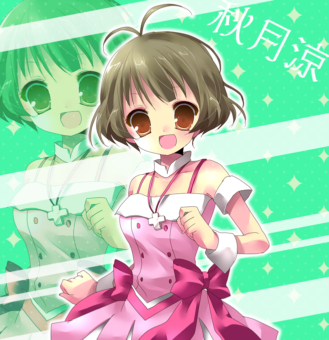 kosuzume, akizuki ryo, idolmaster, idolmaster dearly stars, bad id, bad pixiv id, 00s, 1boy, antenna hair, bare shoulders, brown eyes, brown hair, cross, crossdressing, crossdressing (mtf), cute & girly (idolmaster), jewelry, male focus, necklace, open mouth, short hair, smile, solo, trap