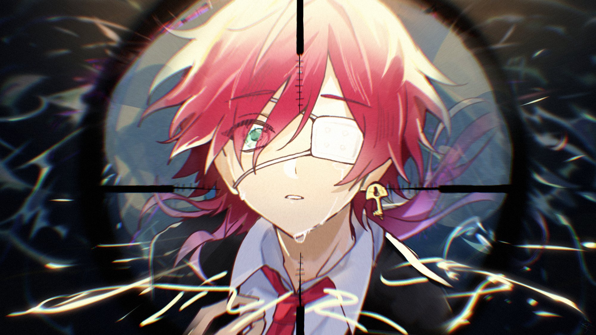 lauren iroas, hibana (vocaloid), nijisanji, commentary request, highres, 1boy, black jacket, crosshair, crying, crying with eyes open, earrings, eyepatch, green eyes, hair between eyes, jacket, jewelry, long hair, looking at viewer, necktie, parted lips, portrait, red hair, red necktie, single earring, streaming tears, tears, toya07144, virtual youtuber