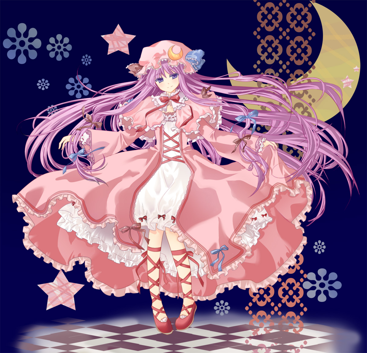 lunica, maybelle (artist), patchouli knowledge, touhou, bad id, bad pixiv id, 1girl, crescent moon, female focus, hat, long hair, moon, purple eyes, purple hair, ribbon, solo, star (symbol)