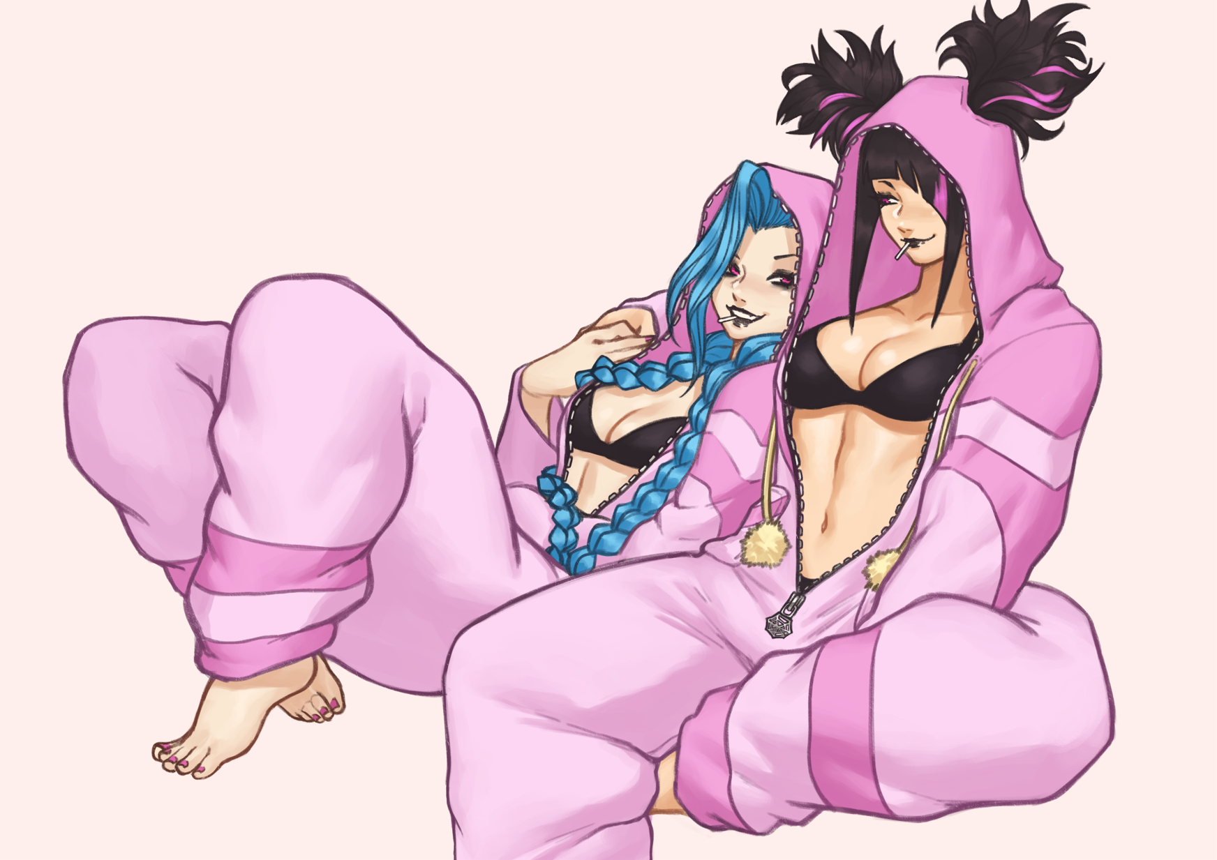 nire (nirefuster), han juri, jinx (league of legends), league of legends, street fighter, commentary, english commentary, highres, arm around shoulder, barefoot, black hair, blue hair, breasts, candy, cleavage, crossover, food, hair over one eye, holding hands, lollipop, multicolored hair, onesie, pink eyes, simple background, smile, two-tone hair, zipper