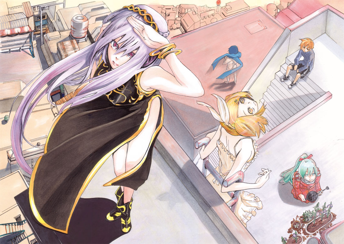 coffee (tadaura fumi), mikanzake, hatsune miku, kagamine len, kagamine rin, kaito (vocaloid), megurine luka, vocaloid, traditional media, 2boys, 3girls, aqua eyes, blonde hair, blue hair, blue scarf, cityscape, dress, from above, hair ornament, hair ribbon, hairclip, long hair, multiple boys, multiple girls, naked scarf, nude, pink eyes, pink hair, ponytail, ribbon, scarf, short hair, smile, watering can, yellow eyes