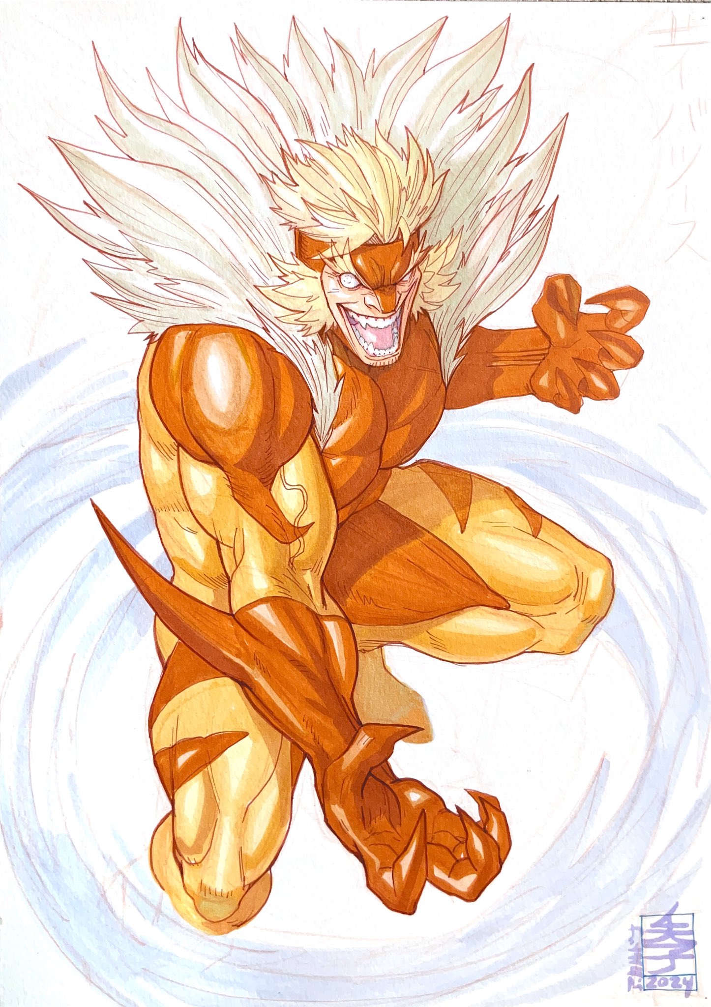acecore2k, sabertooth (x-men), marvel, marvel vs. capcom, x-men, commentary, commission, english commentary, highres, marker (medium), pen (medium), traditional media, 1boy, blonde hair, bodysuit, covered pectorals, facial hair, fangs, fur-trimmed bodysuit, looking at viewer, male focus, multicolored bodysuit, muscular, muscular male, open mouth, orange bodysuit, pectorals, short hair, skin tight, solo, stubble, thick eyebrows, two-tone bodysuit, veins, veiny arms, wide-eyed, yellow bodysuit