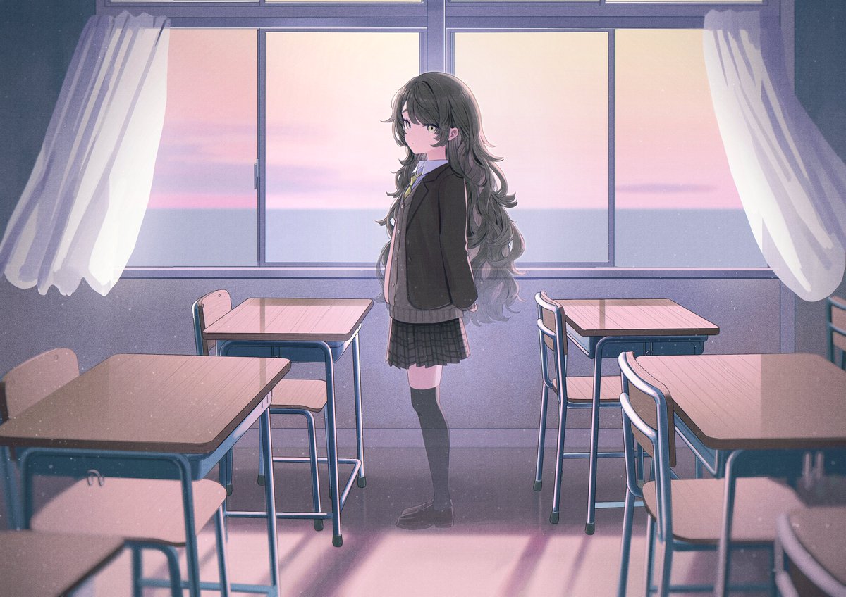 takaya riku, jibakurei (vtuber), indie virtual youtuber, commentary request, second-party source, 1girl, backlighting, black thighhighs, blazer, brown cardigan, brown hair, brown jacket, cardigan, chair, classroom, closed mouth, collared shirt, curtains, desk, expressionless, from side, ghost, green eyes, green necktie, horizon, indoors, jacket, lapels, loafers, long hair, long sleeves, looking at viewer, necktie, no shadow, open clothes, open jacket, over-kneehighs, school chair, school desk, shirt, shoes, solo, standing, thighhighs, translucent, virtual youtuber, wavy hair, white shirt, window, windowsill