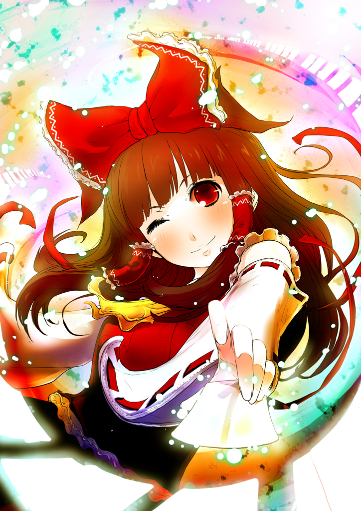 aoki shin, hakurei reimu, touhou, bad id, bad pixiv id, 1girl, bow, brown hair, card, detached sleeves, female focus, foreshortening, hair bow, holding, holding card, japanese clothes, miko, one eye closed, red eyes, short hair, solo, wink