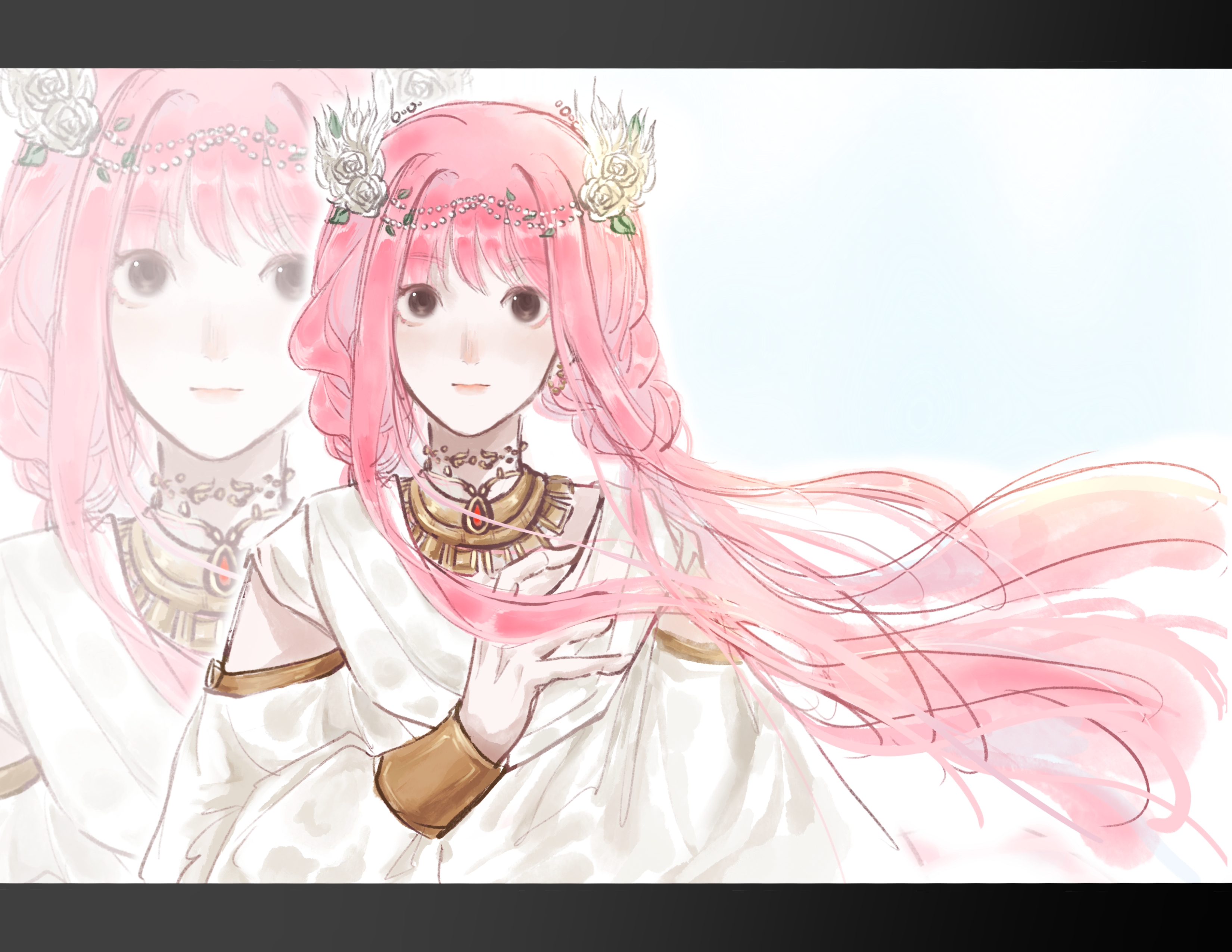 nikki (nikki), infinity nikki, nikki (series), absurdres, chinese commentary, commentary request, highres, 1girl, aegyo sal, baihuhu61553, bare shoulders, beads, black border, blue background, border, braid, brown eyes, circlet, clothing cutout, dress, earrings, floating hair, flower, gold earrings, gold necklace, hair beads, hair flower, hair ornament, hand on own chest, happy, jewelry, letterboxed, light blush, long hair, long sidelocks, long sleeves, looking at viewer, low twin braids, low twintails, necklace, outline, pink hair, puffy long sleeves, puffy sleeves, rose, shoulder cutout, sidelocks, solo, twin braids, twintails, upper body, very long hair, white dress, white flower, white outline, white rose, zoom layer