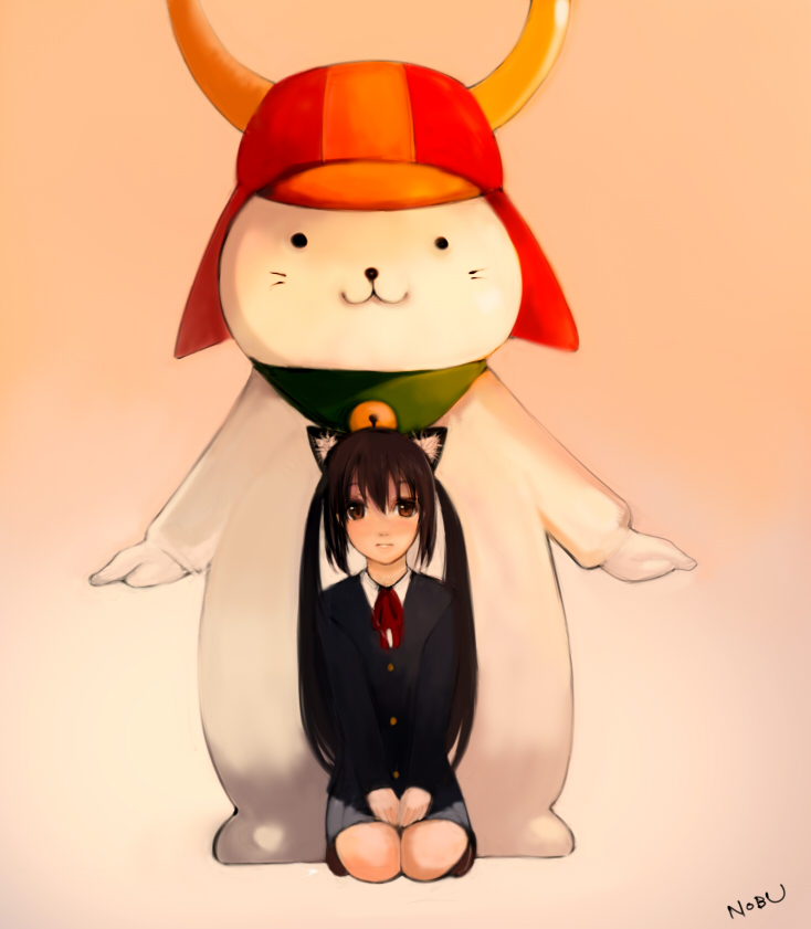 nobusnow, hikonyan, nakano azusa, k-on!, bad id, bad pixiv id, 00s, animal ears, black hair, brown eyes, cat ears, kneeling, long hair, school uniform, twintails