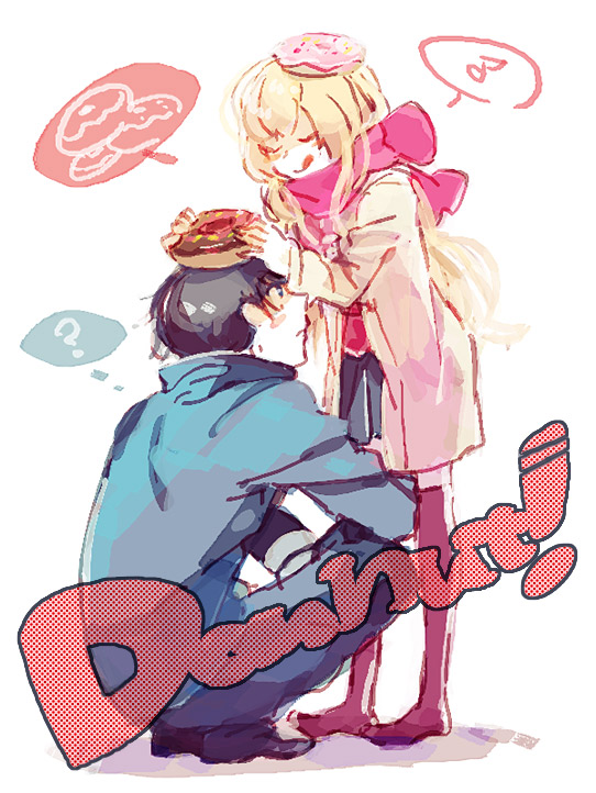 chiko (beroro), aisaka taiga, takasu ryuuji, toradora!, 00s, 1boy, 1girl, ?, donut, english text, engrish text, food, food on head, musical note, object on head, ranguage, scarf, speech bubble, spoken musical note, squatting, standing, thighhighs, thought bubble, white background