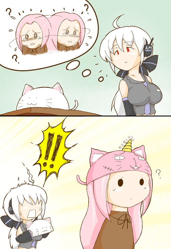 morphina, megurine luka, megurine luka (toeto), the thing not quite sure what it is, yowane haku, tengen toppa gurren lagann, toeto (vocaloid), vocaloid, !, 2girls, :3, ?, ahoge, animal ears, animal hat, blush, breasts, cat ears, cat hat, hat, large breasts, long hair, multiple girls, parody, pink hair, ponytail, red eyes, surprised, tears, white hair