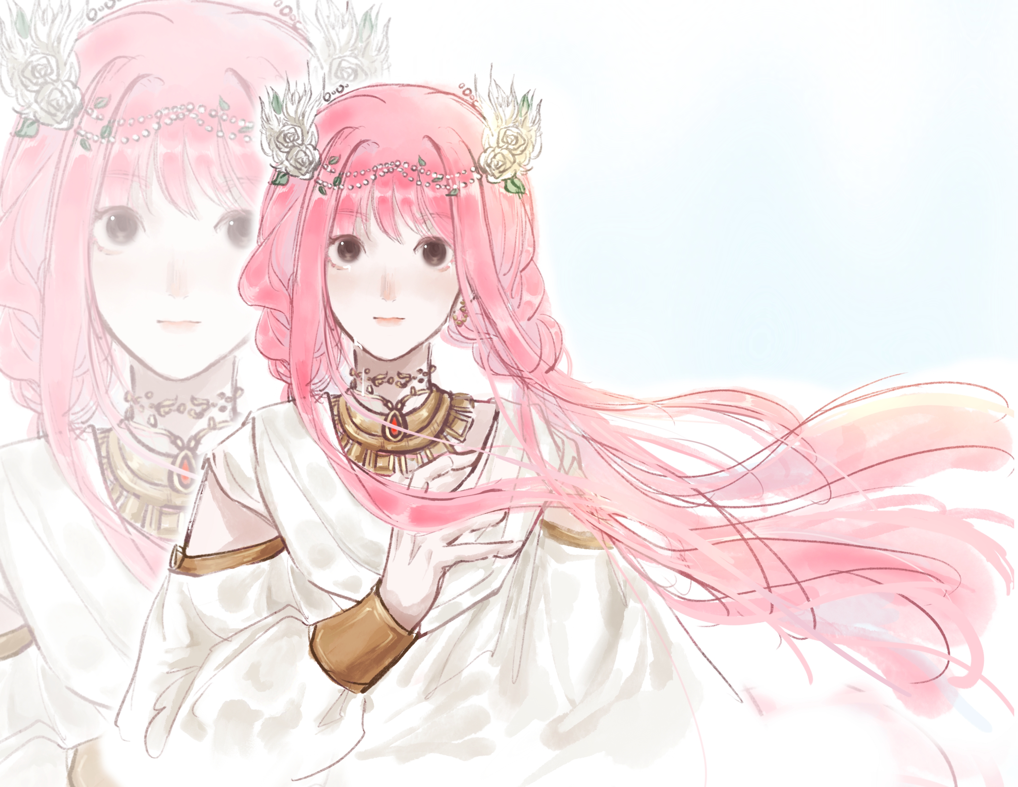 nikki (nikki), infinity nikki, nikki (series), absurdres, chinese commentary, commentary request, highres, 1girl, aegyo sal, baihuhu61553, bare shoulders, beads, blue background, braid, brown eyes, circlet, clothing cutout, dress, earrings, floating hair, flower, gold earrings, gold necklace, hair beads, hair flower, hair ornament, hand on own chest, happy, jewelry, light blush, long hair, long sidelocks, long sleeves, looking at viewer, low twin braids, low twintails, necklace, outline, pink hair, puffy long sleeves, puffy sleeves, rose, shoulder cutout, sidelocks, solo, twin braids, twintails, upper body, very long hair, white dress, white flower, white outline, white rose, zoom layer