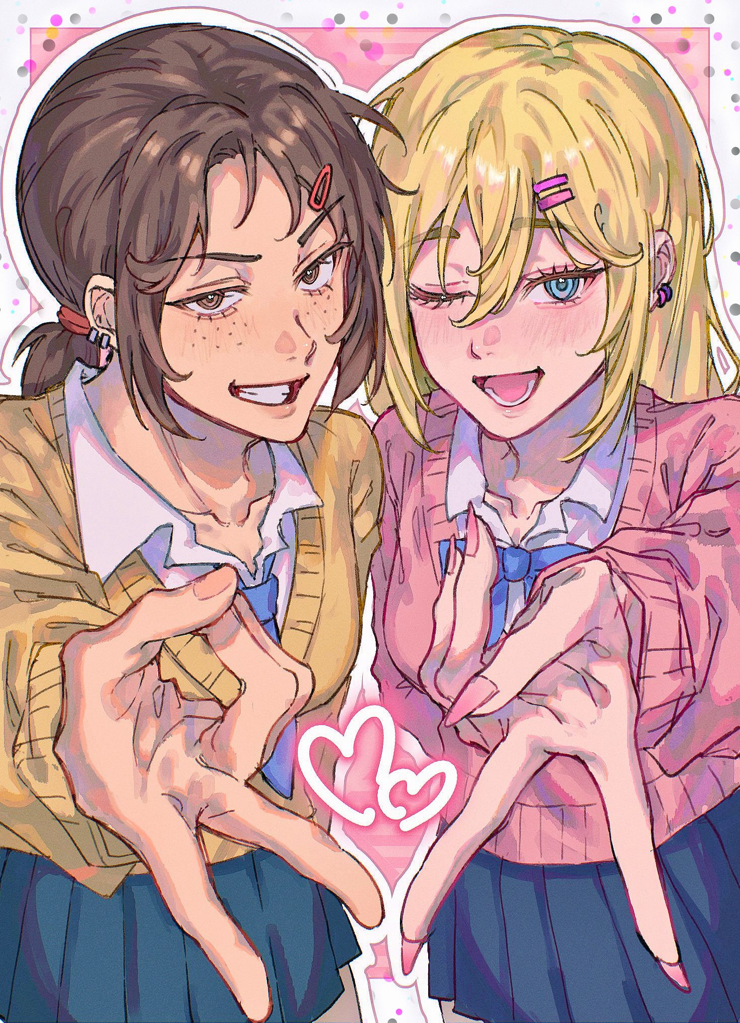 aida aot, krista lenz, ymir (shingeki no kyojin), shingeki no kyojin, commentary, highres, symbol-only commentary, 2girls, blonde hair, blue eyes, bow, bowtie, brown eyes, brown hair, ear piercing, earrings, hair ornament, hairclip, heart, jewelry, long hair, long sleeves, looking at viewer, low ponytail, multiple girls, necktie, one eye closed, open mouth, parallel hairclips, piercing, pleated skirt, ponytail, school uniform, short hair, skirt, smile, sweater, v